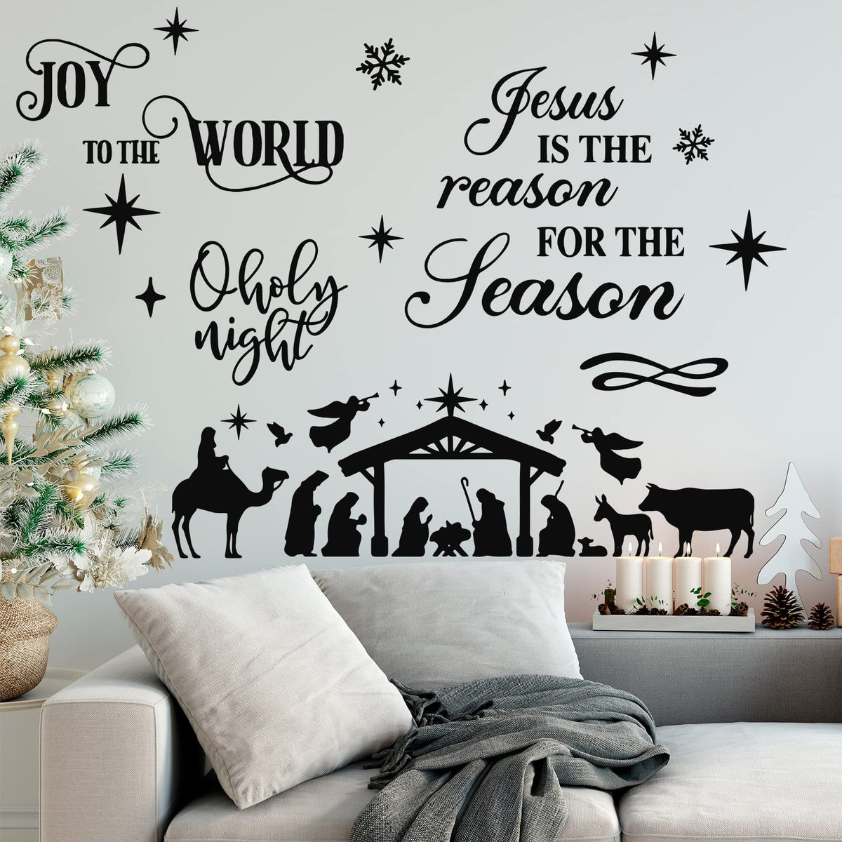 3 Pcs Nativity Scene Decor Stickers Christmas Bible Quotes Christian Vinyl Wall Decal Set Jesus is The Reason for The Season Bible Verse Wall Decals Joy to The World Stickers for Home