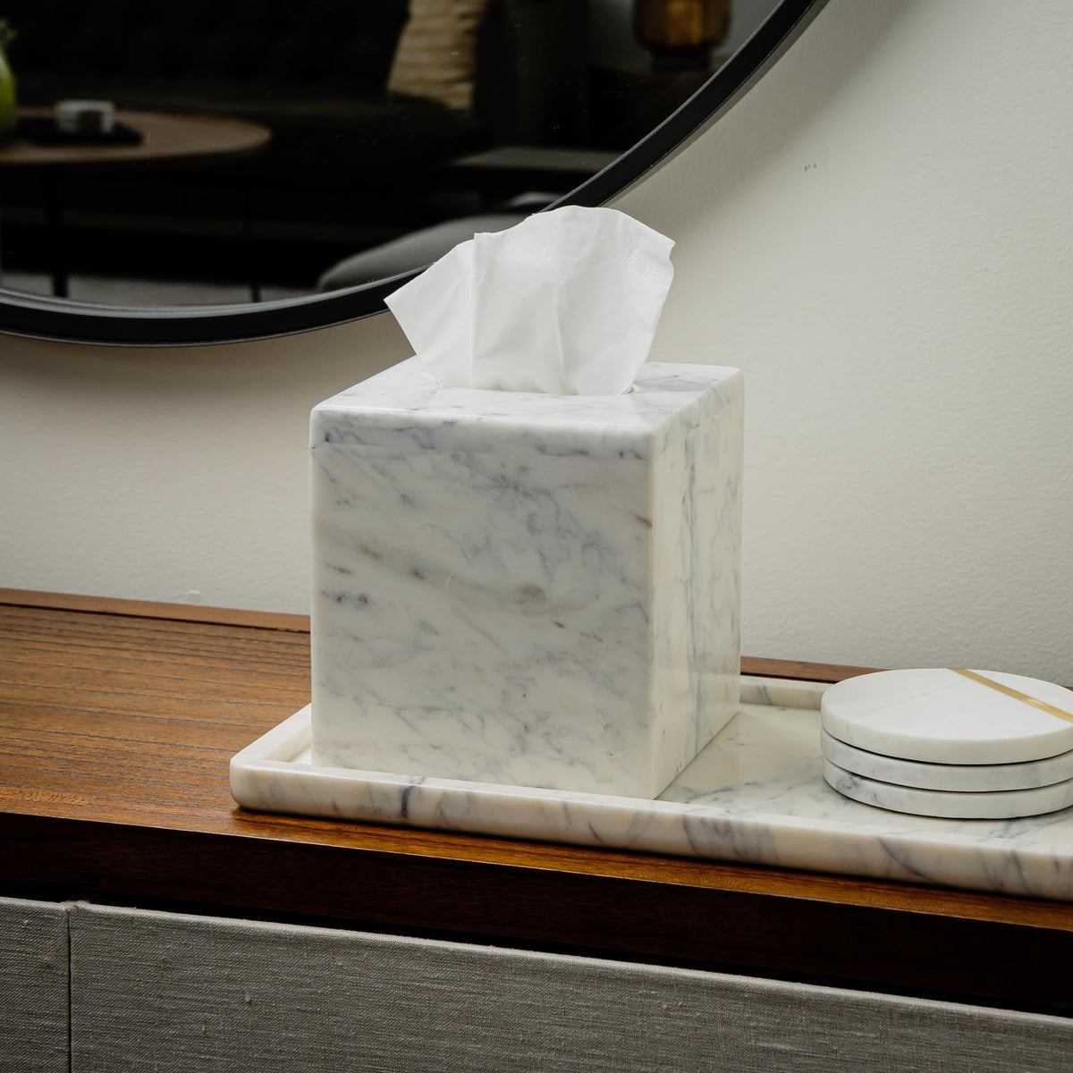 Cork & Mill Marble Tissue Box Cover for Kleenex and More, Decorative Cube Style Holder, Large Square Facial Tissue Dispenser Container for Home, Real Solid White Marble Bathroom Accessory