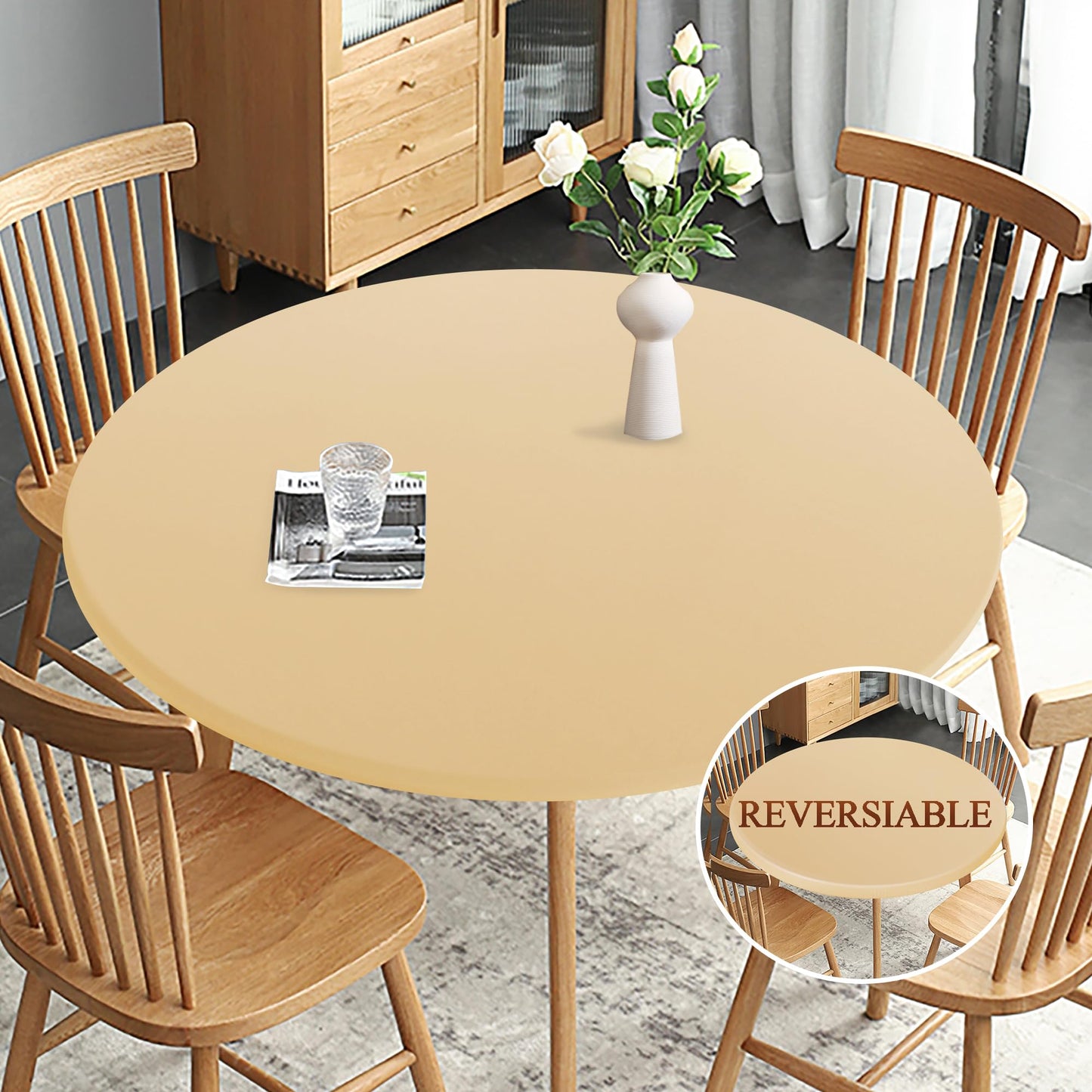 Obstal Fitted Round Table Cloth, Reversible Waterproof Stain Resistant Elastic Stretch Tablecloth, Wipe Clean Table Cover for Outdoor/Indoor Use, Fits Round Tables up to 40" - 44" Diameter, Champgane