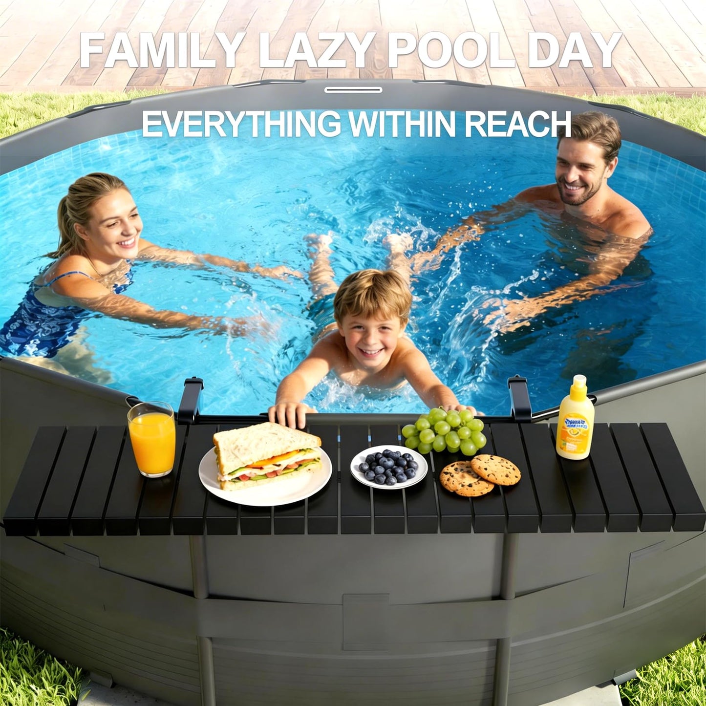 CHENG RONG Swim Up Bar Table for Above Ground Pools - 49.4"×9.6" Galvanized Iron Black Pool Shelf, Holds 110lbs, Fits Top Rails of 4.48" or Less, for Round/Oval/Frame Swimming Pools