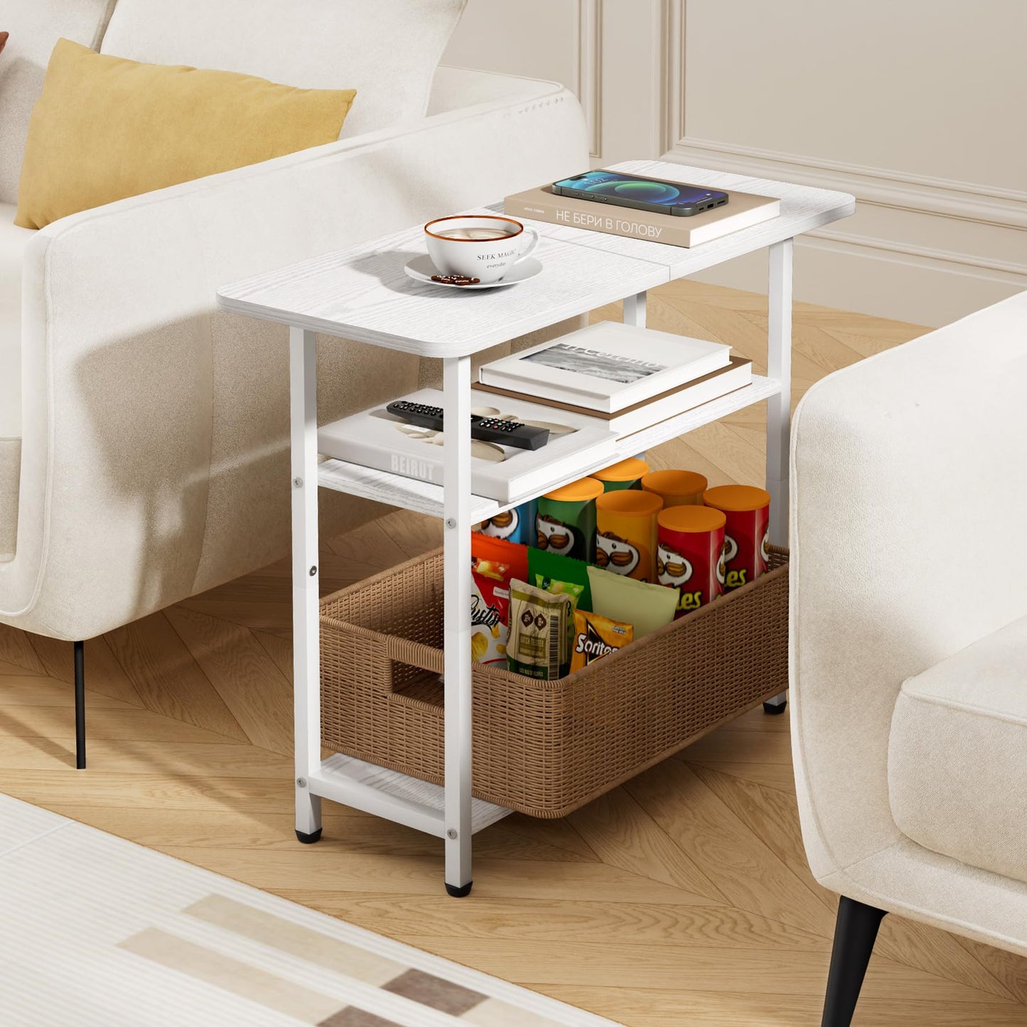 SLEEPING LAMB Side Table for Living Room, 3-Tier End Table for Small Space with Wide Storage Tabletop, Elegant White Narrow Nightstand for Bedroom, Sofa Couch