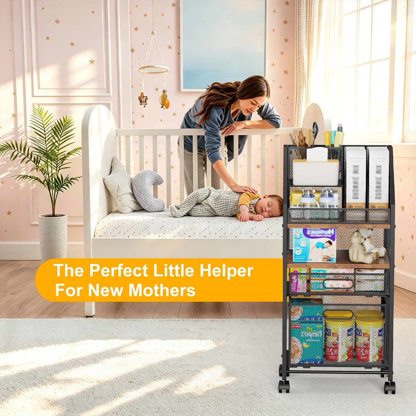 Cankm Rolling Cart with Drawers Metal Moving Craft Storage Cart with Lockable Wheels Wood&Mesh Rolling Utility Organizer Filing Cabinets for Home Office Classroom Organization(31 * 15 * 10 Inch)