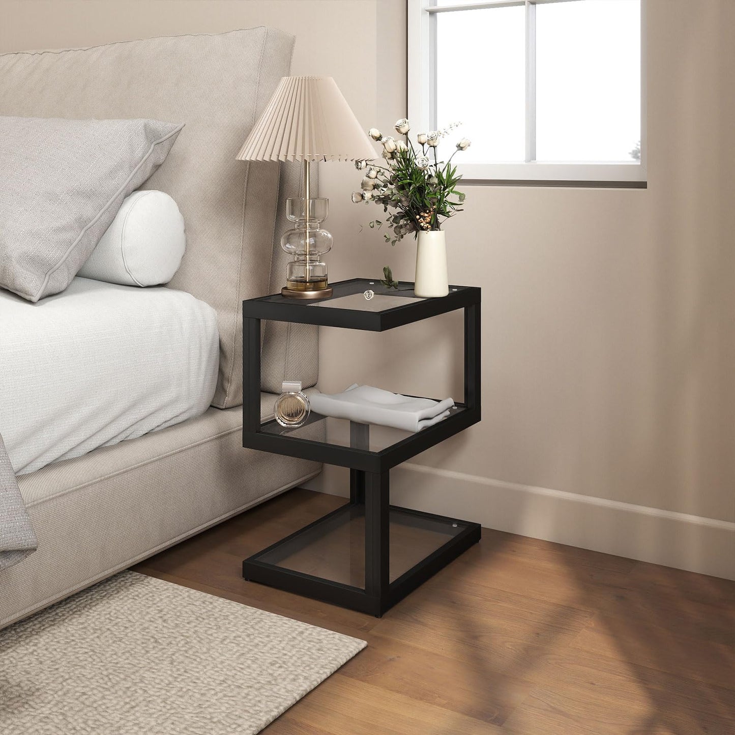 Permory Glass 3-Tier S-Shaped Side Table with LED Strip, Black End Table for Living Room & Bedroom (Rectangle)