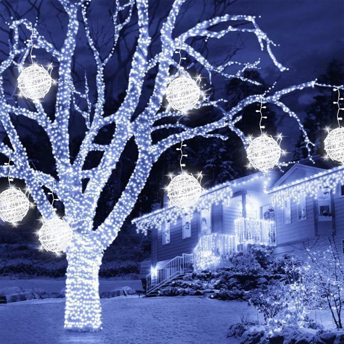Baung Christmas String Lights Outdoors,4 Pack 7.98" Sphere Ball Tree Garden Globe Lights for Home, Party, Christmas, Porch Patio,Wedding, Garden,Tree Decoration with Memory Function Plug