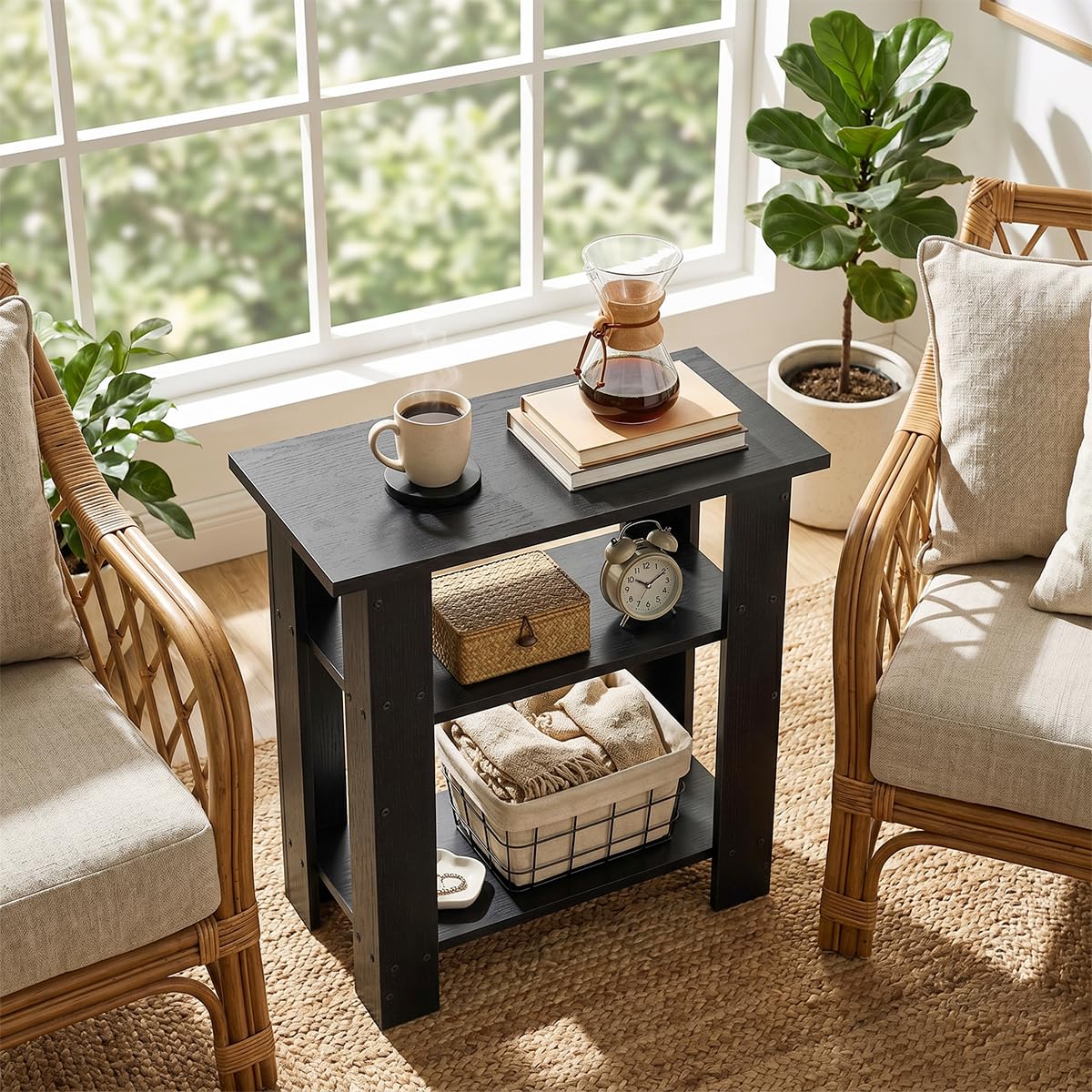 ZEXVIDA Black Side Table, 3 Tier Narrow End Table for Living Room, Modern Wood Nightstand with Storage Shelves, Small Bedside Table for Bedroom, Home Office, Small Spaces, 22.8 Inch High