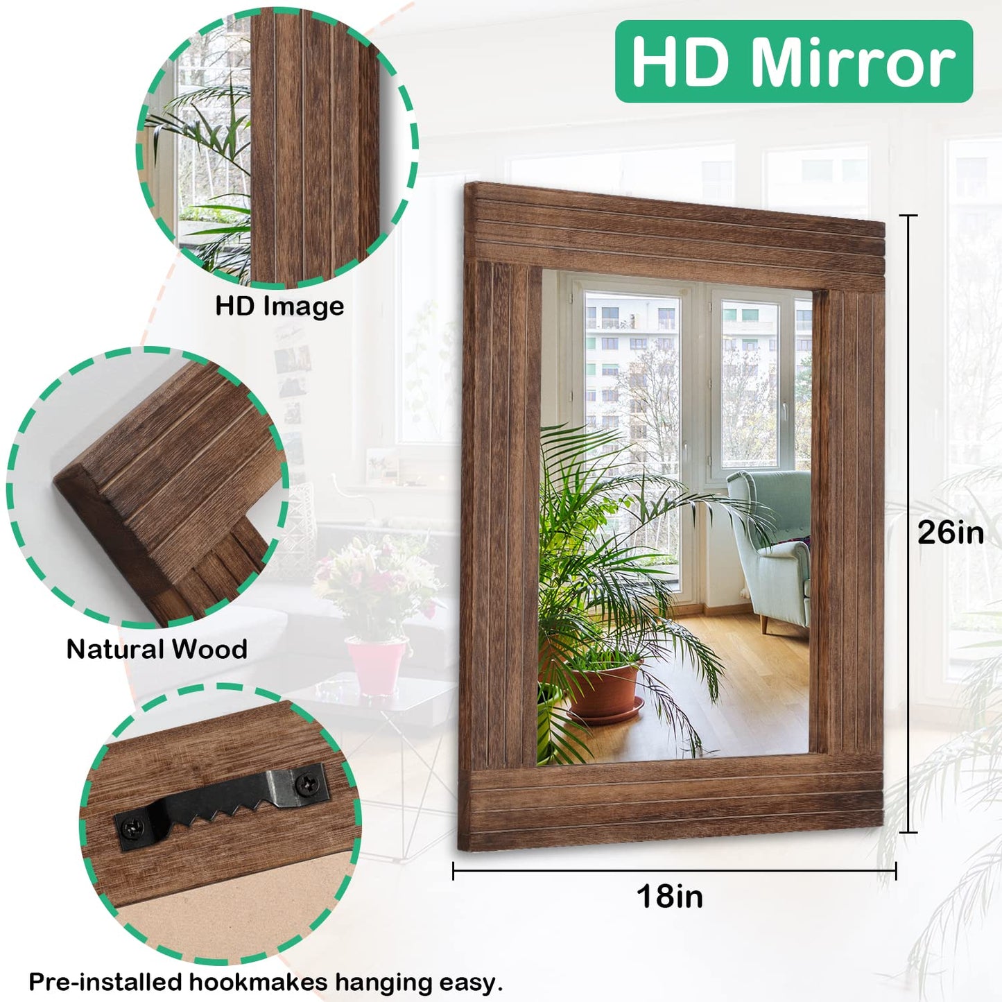 HLFMVWE Rustic Mirror Wooden Rectangular Antique Wall Mirror Frame Decor Farmhouse Bedroom Dresser Bedroom Entryway Mirror Large Brown 26"x18"