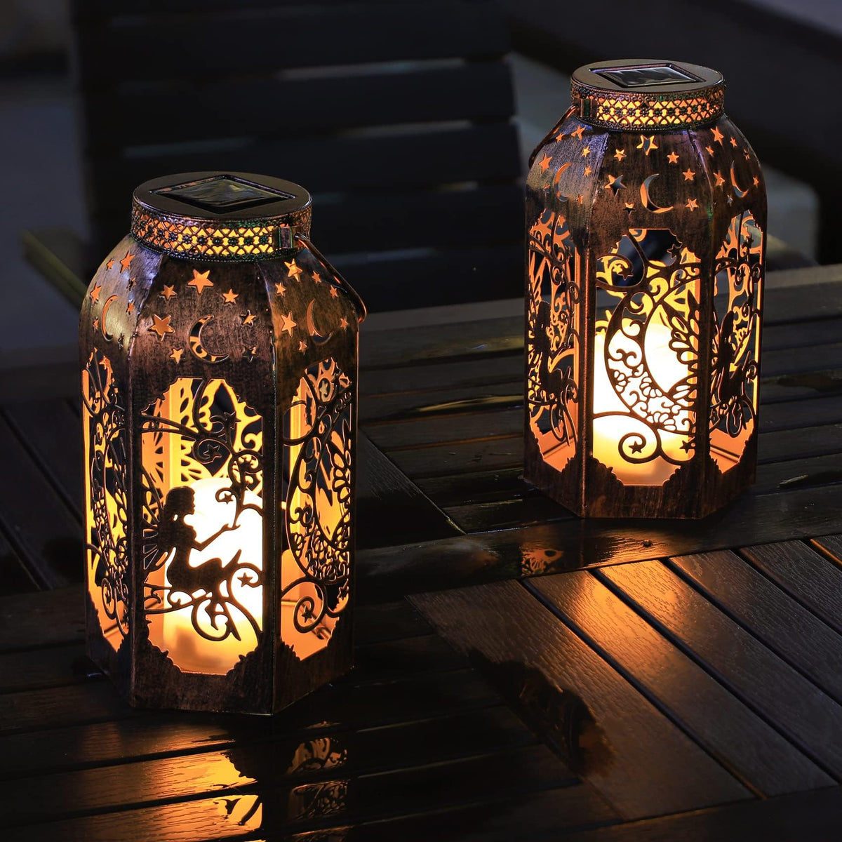 Singingarden Solar Lanterns Outdoor Garden Hanging Lantern Waterproof LED Metal Bronze Moon Fairy Lantern Waterproof Flickering Flameless Candle Mission Lights for Table,Patio,Mother's Day Gift(2Pack)