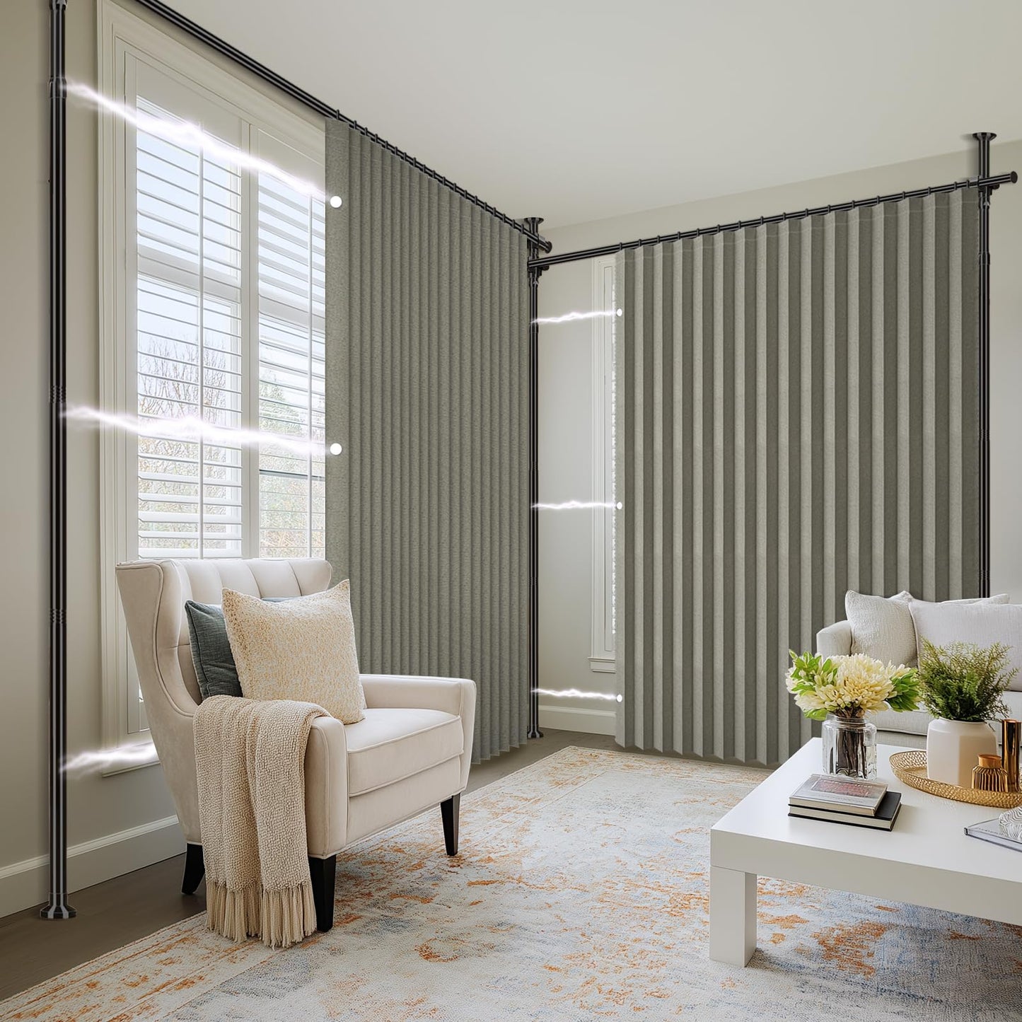 100% Blackout Room Divider Curtains Sets Grey 2 Panels W100 x L96in No Drill Curtain Rods(H) 43-120×(W) 35-200 in for Bedroom Privacy Partition Separator