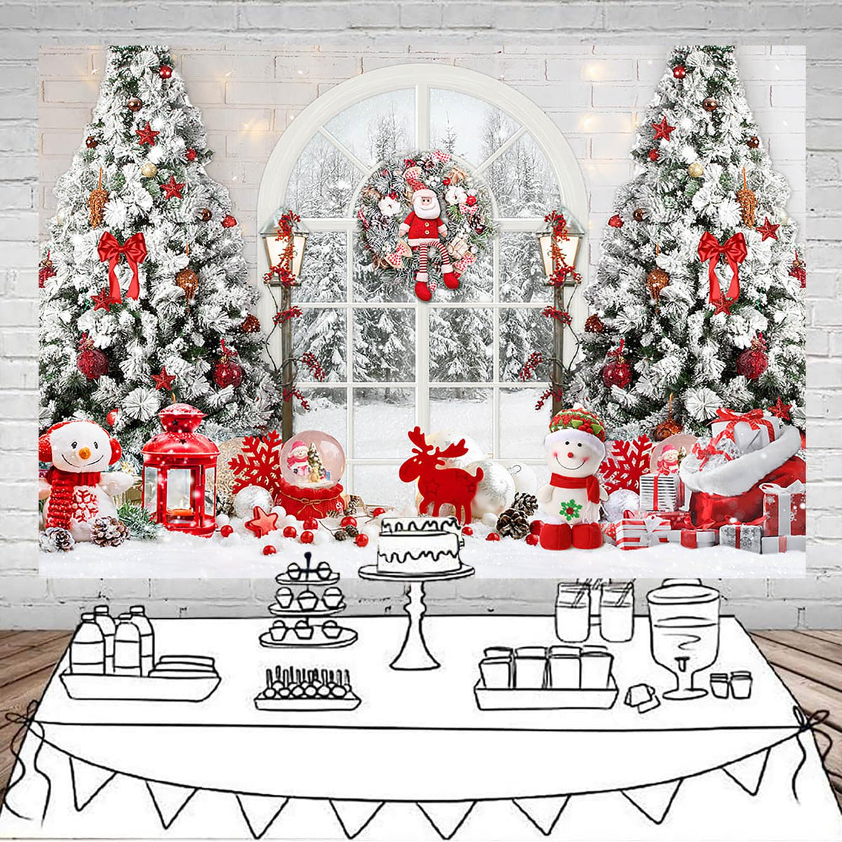 Mocsicka Christmas Window Backdrop Snow World Santa Claus Snowman Photography Background Christmas Tree New Years Kids Family Party Decoration Props Portrait Photo Studio Props (8x6ft)