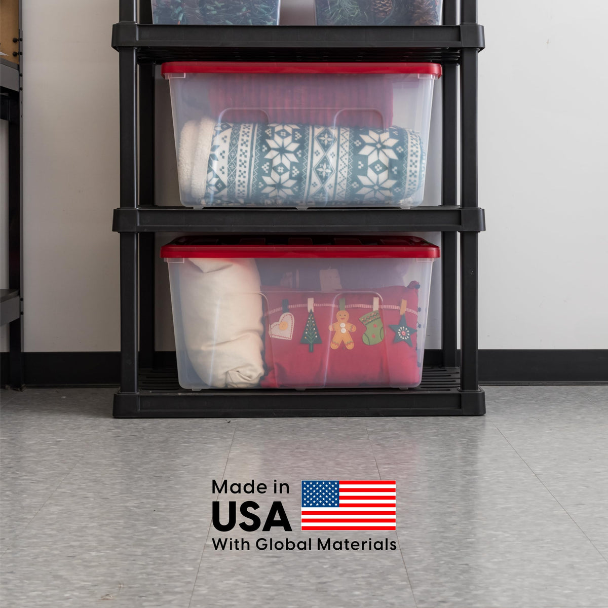 IRIS USA 94 Qt. Stackable Plastic Storage Bins with Lids, 2 Pack - BPA-Free, See-Through Organizing Solution, Latches, Durable Nestable Containers, Secure Pull Handle, Made in USA - Red
