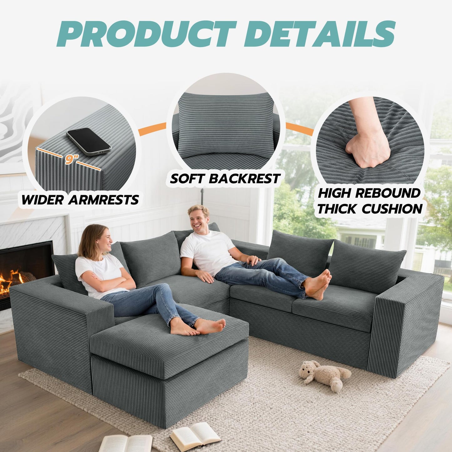 96'' Cloud Sectional Couch, Boneless Sofa for Living Room, Modular Sectional Sofa with Deep Seat, Upholstered U Shaped Convertible Sectional Couches with Ottoman & Layered Cushion, No Assembly (Grey)