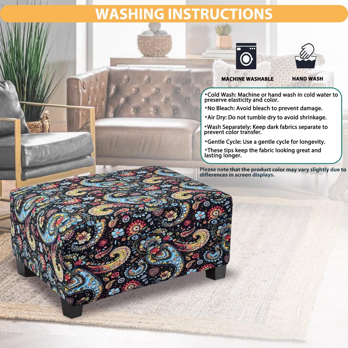 TOPHMDECOR Ottoman Cover Rectangle Printed,Stretch Footstool Slipcover with Elastic Bottom,Soft Fabric Protector for Rectangular Ottoman in Living Room or Bedroom,Medium,Flower F