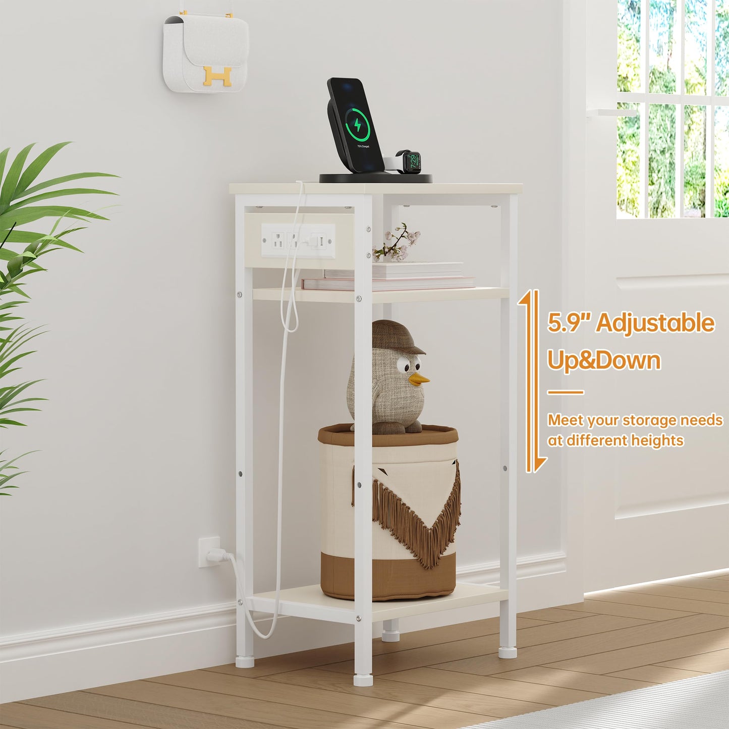Asgolion Tall End Table with Charging Station, 3 Tier Narrow Tall Nightstand with Storage, Slim Side Table for Bedroom, Living Room, Nursery, Office, Cream White