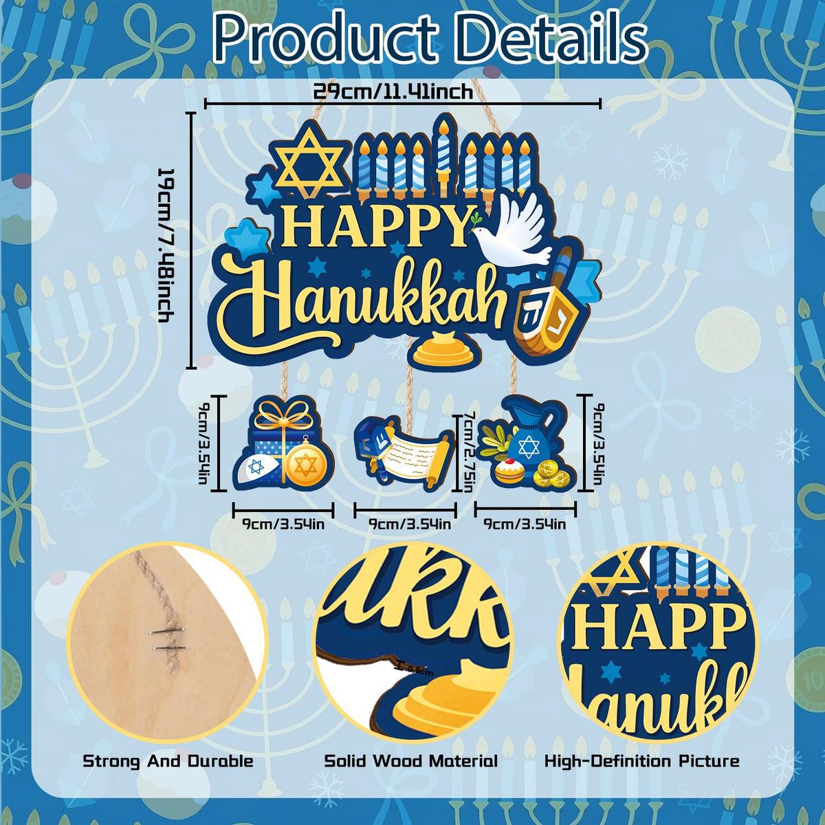 Aurlan Happy Hanukkah Door Sign,Hanukkah Wooden Wall Hanging,Jewish New Year Door Decor,Chanukah Wood Hanging,Chanukah Candlestick Wall Sign,Candle Pigeon Sufganiyot Decor for Porch Yard Home Room Office