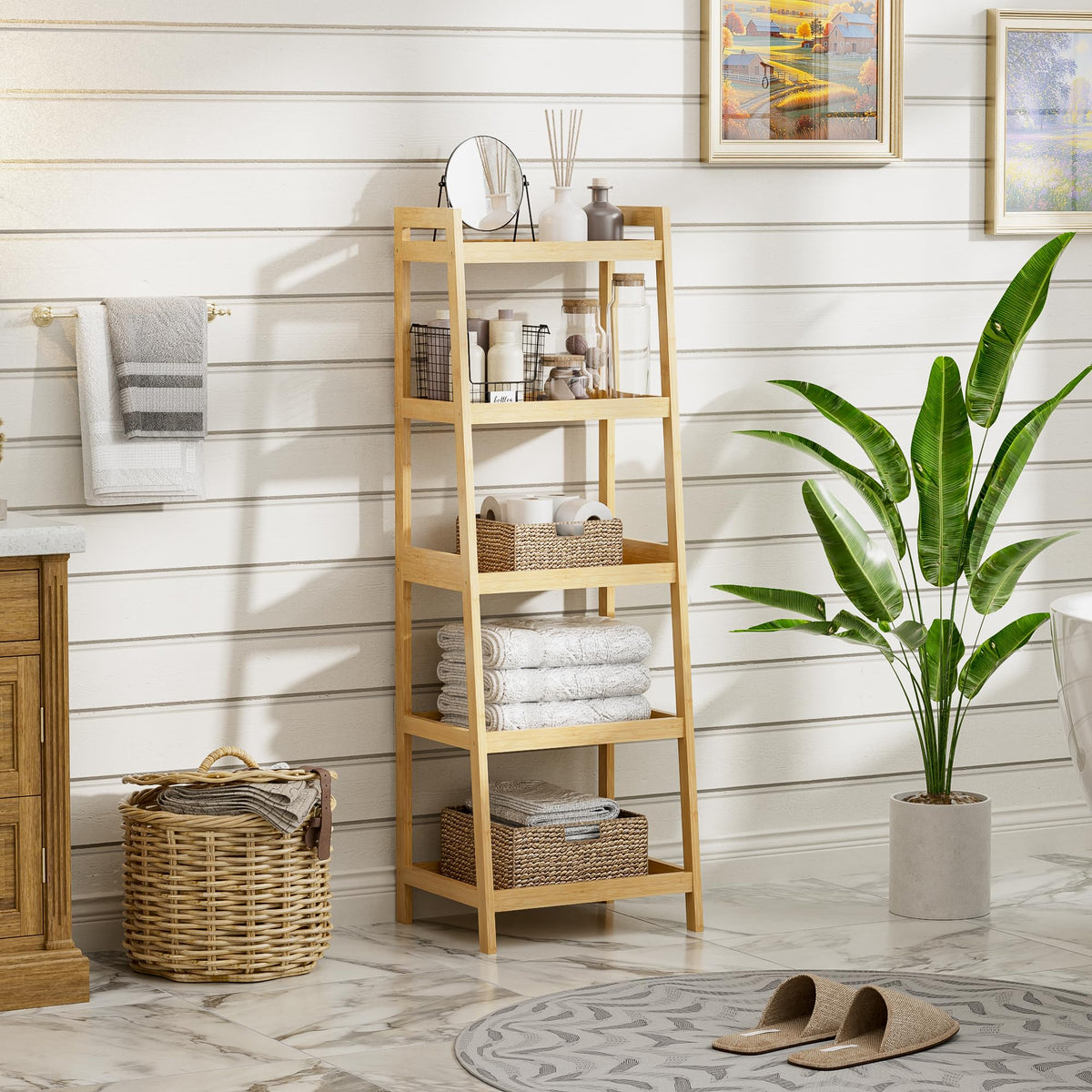 vovala Bookshelf, 5 Tier Ladder Bookcase with Bamboo Frame, Freestanding Tall Narrow Display Plant Shelf for Living Room, Kitchen, Bedroom, Balcony, Natural