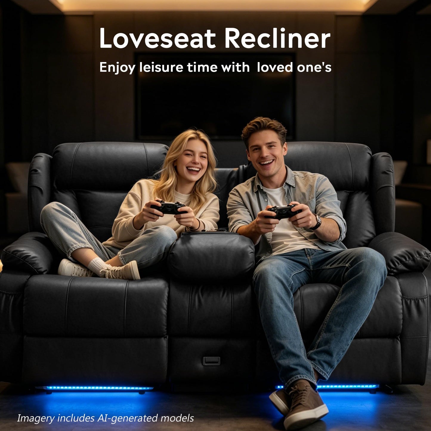 AHMED Loveseat Recliner Sofa with Console, Home Theater Seating with LED Lights, Cup Holders, USB Ports, Side Pockets, 2 Seater Manual Reclining Couch for Living Room, RV, Home Theater, Black