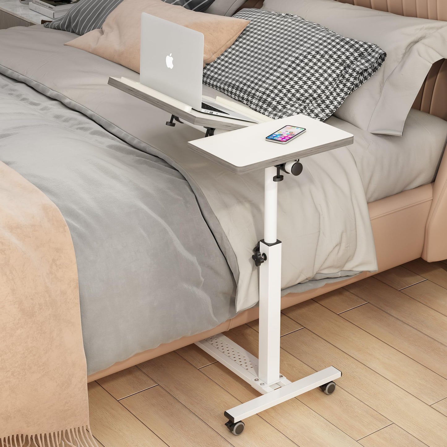 TigerDad Over Bed Table with Wheels Adjustable | Rolling Laptop Table Overbed Desk Hospital Tray Table Sofa Chair Side Table for Home Office (White)
