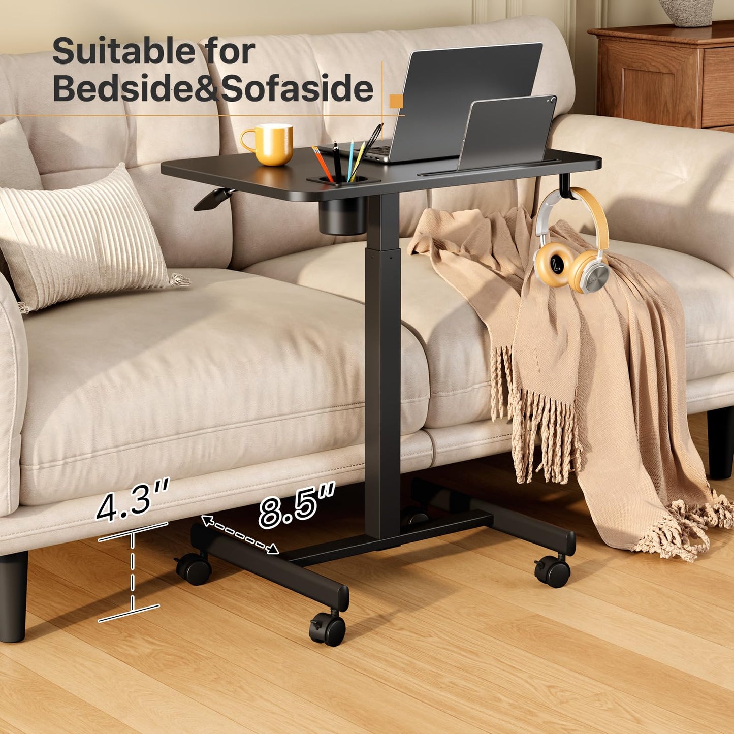 Liftsync Mobile Standing Desk, Rolling Laptop Cart Adjustable Height with Cup Holder, 28 inch Portable Table with 4 Lockable Wheels, Black Computer Workstation with Hook and Slots for Home Office