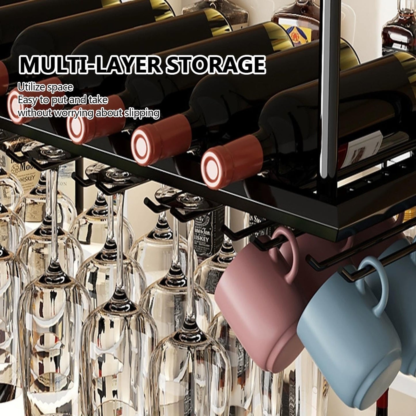 Modern Metal Hanging Wine Bottle Glass Holder, ceiling shelf Wine Racks for Home Bar Display, cafe Wine Bottles Racks, Floating Storage Shelves Wine Cups Hanging rack, wall mounted wine rack.(Brown,60