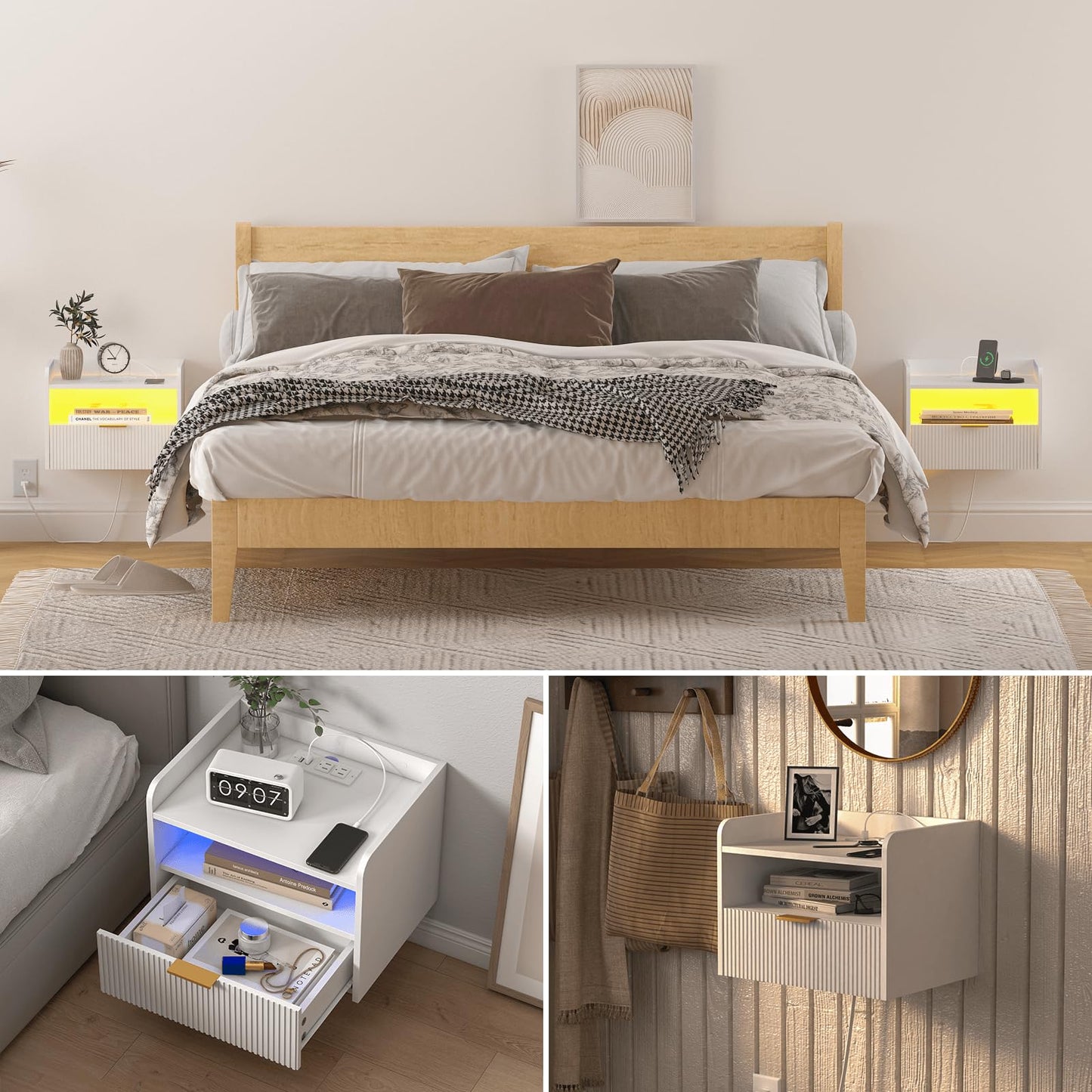 Veegle White Floating Nightstand with Charging Station and LED Lights (White)