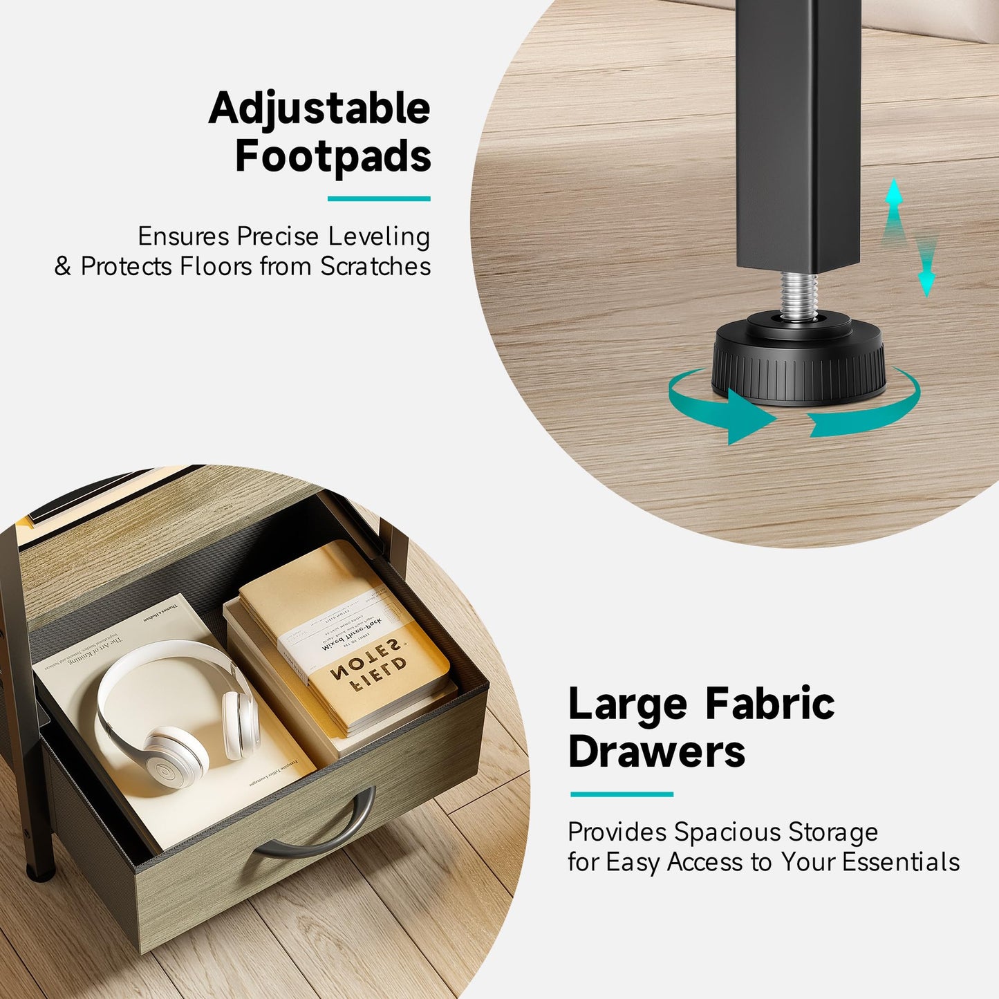 Lazzanto Night Stand with Charger Station - Grey Nightstand with LED Light Strip, Morden Bedside Table with USB Ports & AC Outlets, End Table with Storage Shelf & 3 Fabric Drawers