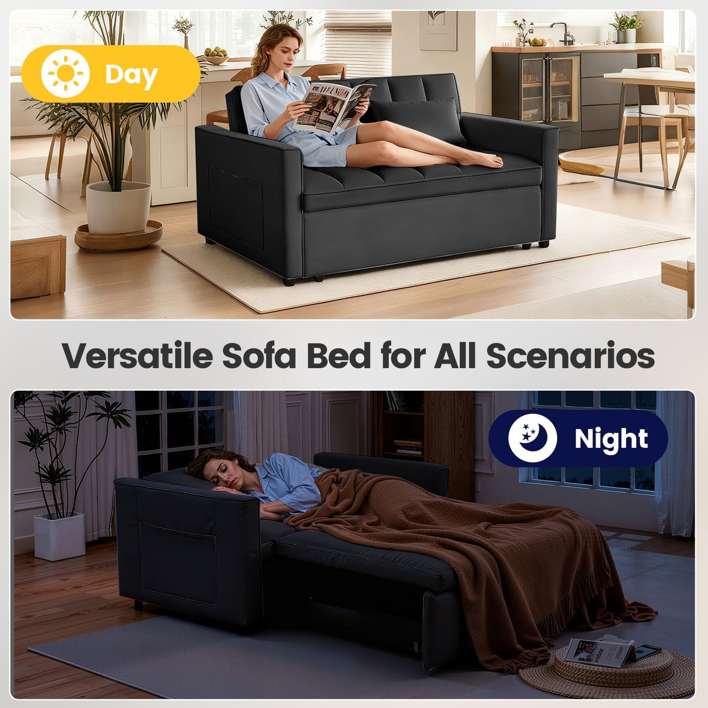 Trygoal 3 in 1 Sofa Bed, Loveseat Sleeper Sofa Bed with Side Pockets, Velvet Fabric Pull Out Couch with Adjustable Backrest for Living Room, Bedroom, Apartment, Black