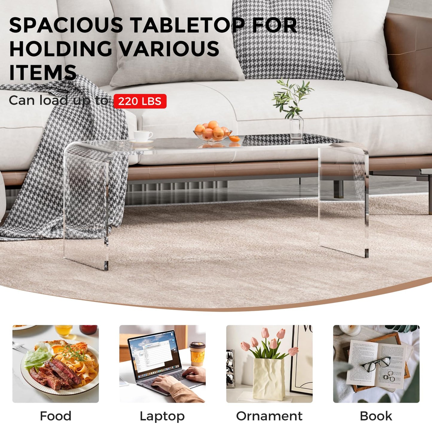 TPZLRN Premium Acrylic Coffee Table, 40" D x 16" W x 16" H Modern Clear Coffee Table, 0.6'' Thick Rectangle Waterfall Table for Living Room, Office, Hotel, Showroom, Transparent