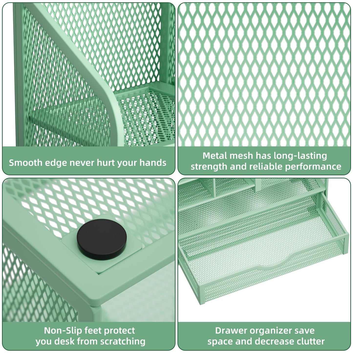 Marbrasse Mesh Pen Holder for Desk, Multi-Functional Pencil Organizer with Drawer, Desk Organizers and Accessories for Office Art Supplies (Green)