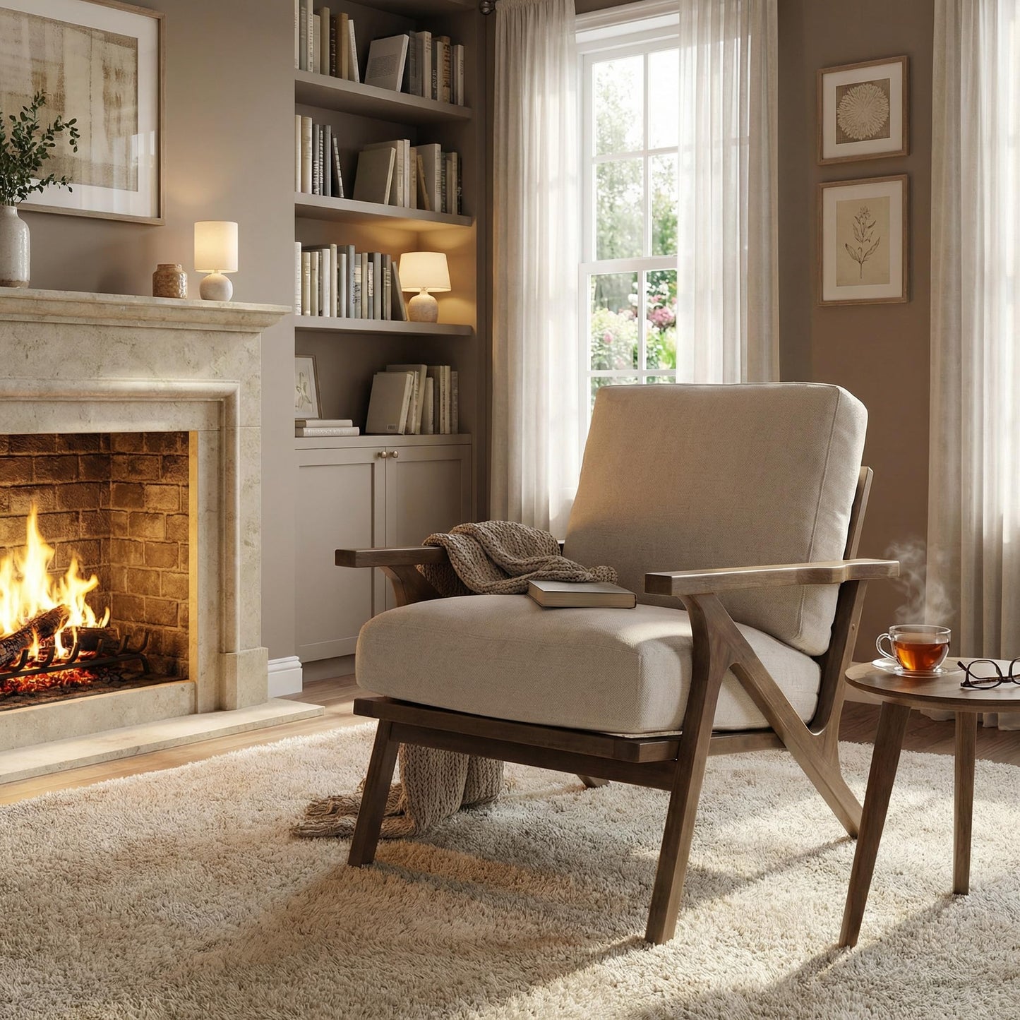 HNY Mid Century Modern Accent Chair with Ottoman, Farmhouse Linen Upholstered Living Room Armchair and Ottoman Set, 23" Seat Wide Retro Leisure Lounge Chair with Wood Frame for Home, Bedroom, Beige