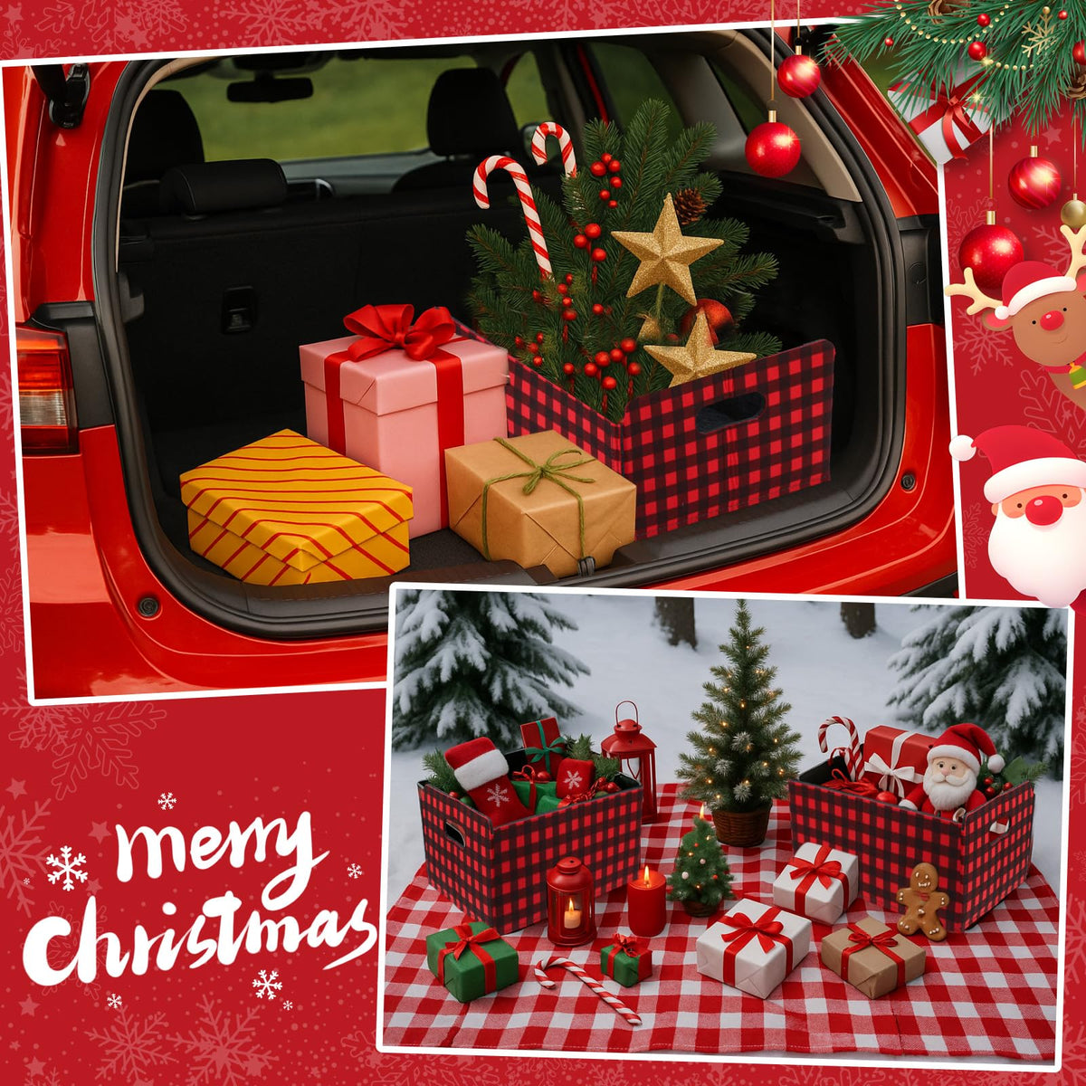 FoldTier 3 Pcs Large Christmas Baskets for Gifts Empty Collapsible Buffalo Plaid Felt Storage Basket Red Black Christmas Bins Xmas Organizer Box for Holiday Gift Snack Toys Pet Home Bedroom Office