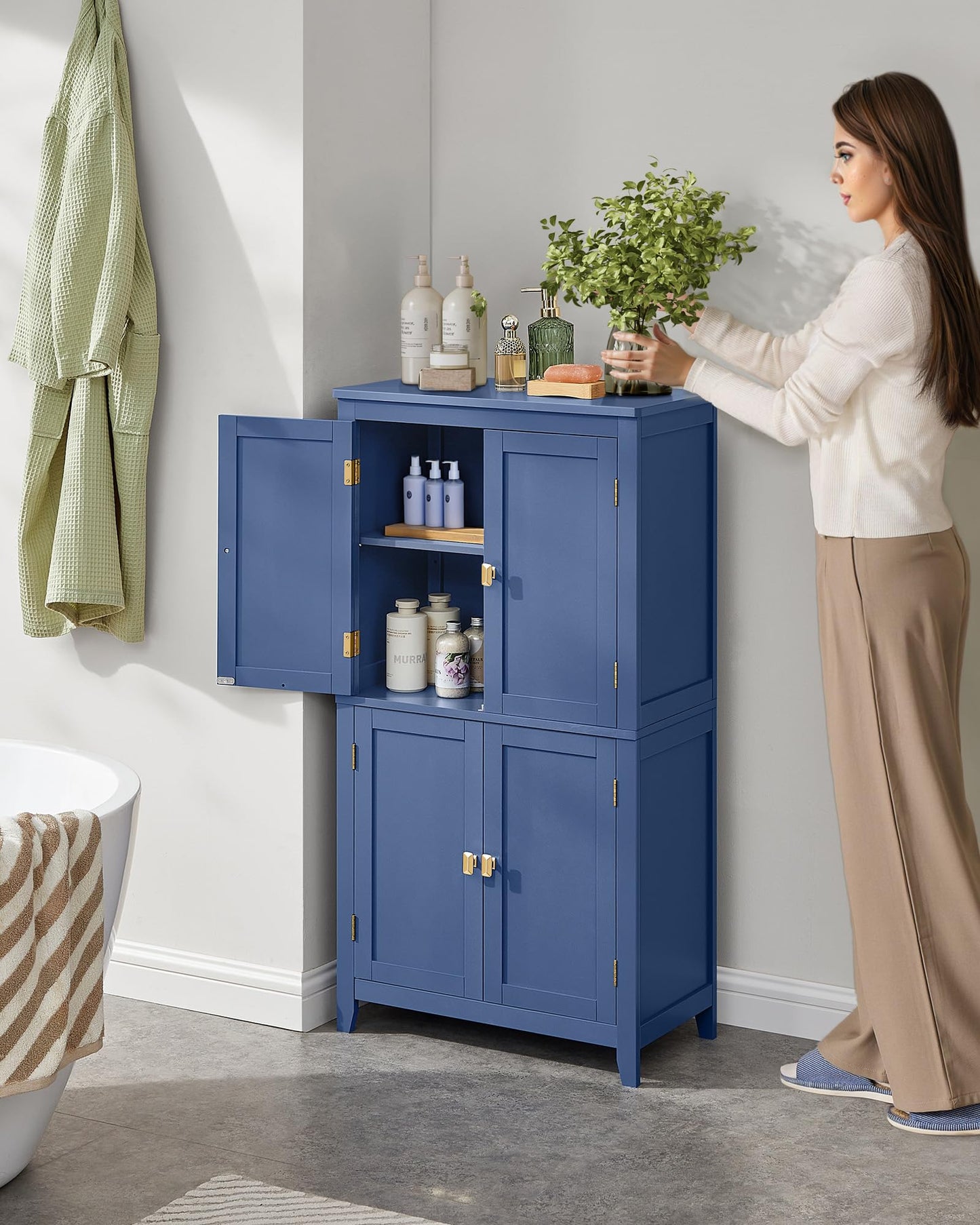 VASAGLE Floor Storage Cabinet, Freestanding Storage Unit with 4 Doors, Adjustable Shelves, 11.8 x 23.6 x 43.3 Inches, for Entryway, Bathroom, Harbor Blue UBBC552Q01