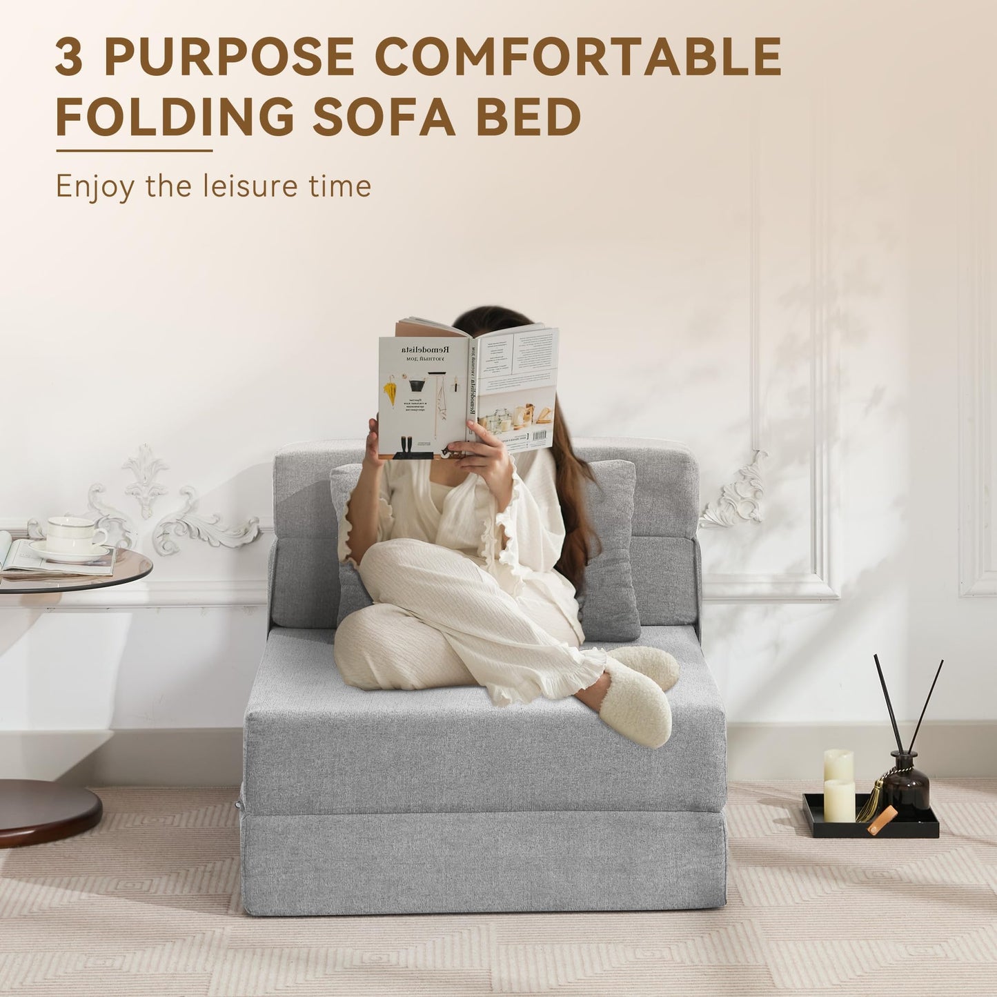 WUTUTUEE Folding Sofa Bed Convertible Floor Couch Foldable Chair Bed with Pillow,Linen Sleeper Chair Futon,Foldable Memory Foam Mattress for Bedroom/Living Room/Dorm/Office (Light Grey, Single)