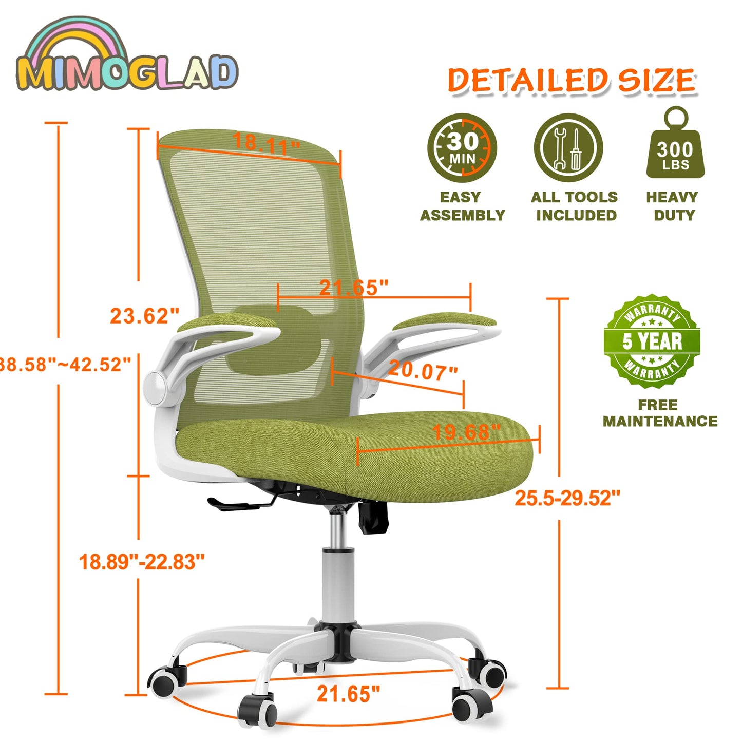 Mimoglad Ergonomic High Back Mesh Office Chair, Adjustable Lumbar Support, Thickened Seat Cushion (Modern, Green Pear)