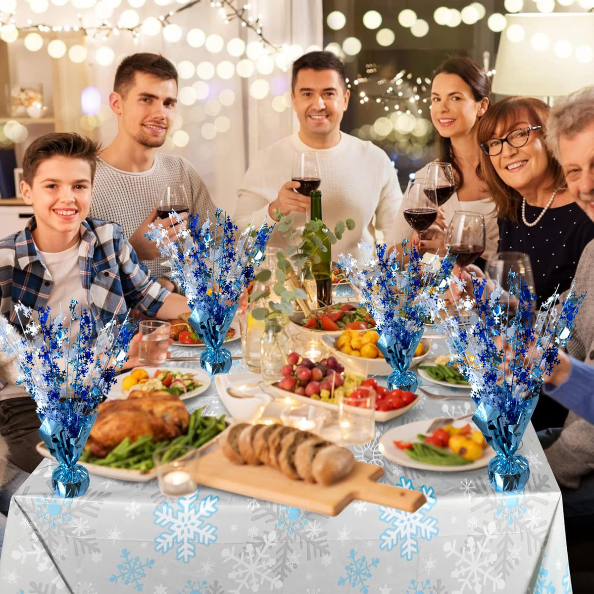 FUBININA 6 Pack Winter Wonderland Snowflake Table Decoration Metallic Blue White Glitter Foil Spray Tabletop Centerpieces for Winter Christmas Xmas Frozen Birthday Wedding Baby Party Supplies Decor