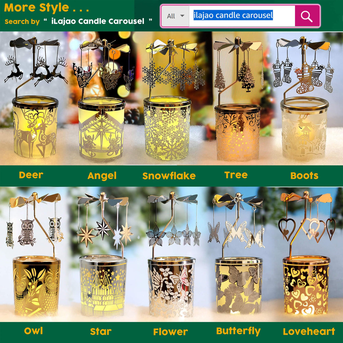 iLajao Candle Carousel Rotary Candle Holder Christmas Carousel Spinning Tealight Candleholder Christmas Decoration Centerpieces for Tables Valentine Easter (Owl)