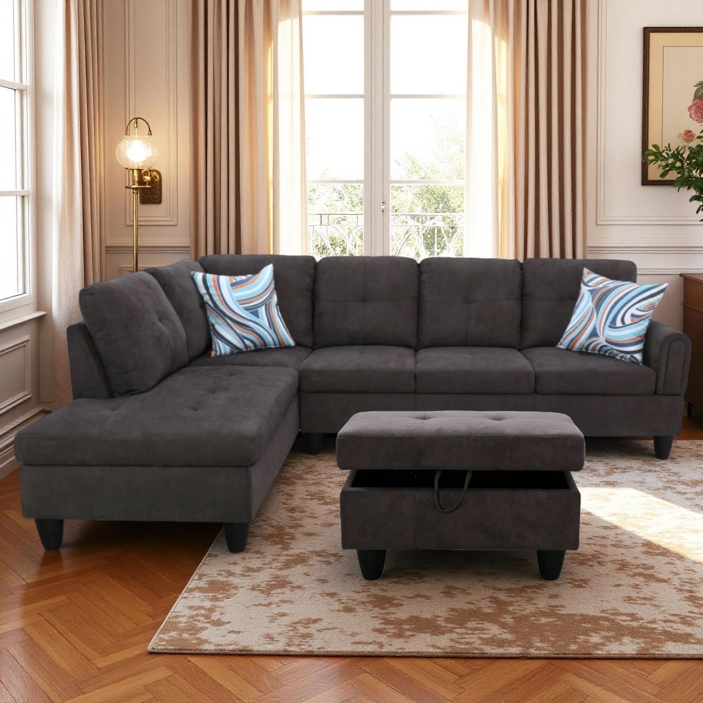 Trygoal 97" L Shaped Couch Sectional Couches with Chaise and Storage Ottoman, 3 Pieces Modular Convertible Sofa for Living Room Furniture Sets and Small Apartment, Dark Brown