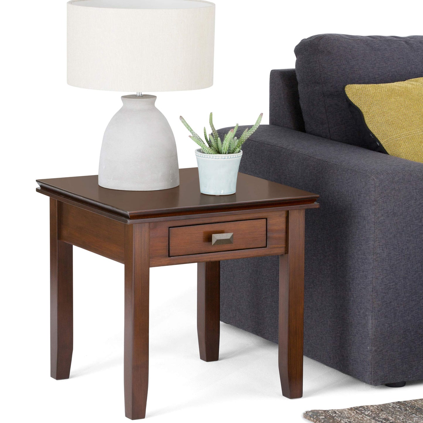SIMPLIHOME Artisan End Table - 21 inch Wide Solid Wood Square Side Table with Drawer in Russet Brown, Transitional Nightstand or Lamp Stand for Living Room, Bedroom, or Entryway with Tapered Legs