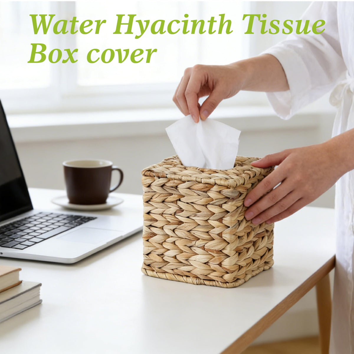Water Hyacinth Handwoven Tissue Box Cover, Square Decorative Tissue Holder, Natural Handmade Wicker Napkin Box Holder for Bathroom, Living Room, Bedroom, Boho Farmhouse Home Decor