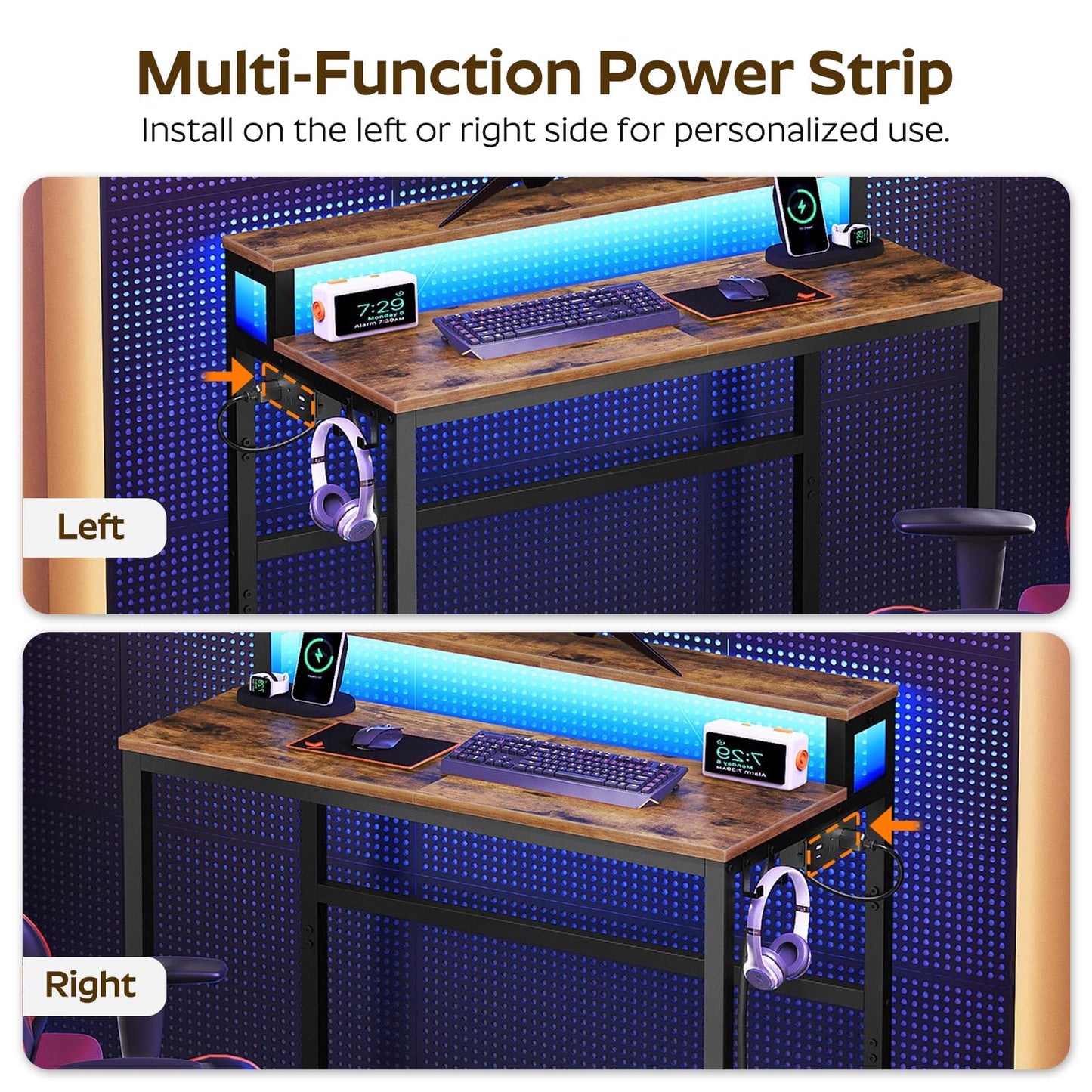 YATINEY Small Computer Desk with Charging Station and LED Lights, Gaming Desk with Monitor Stand, 2-Tier Home Office Desk with 4 Side Hooks, for Living Room, Home Office, Rustic Brown DN01UDBRY2