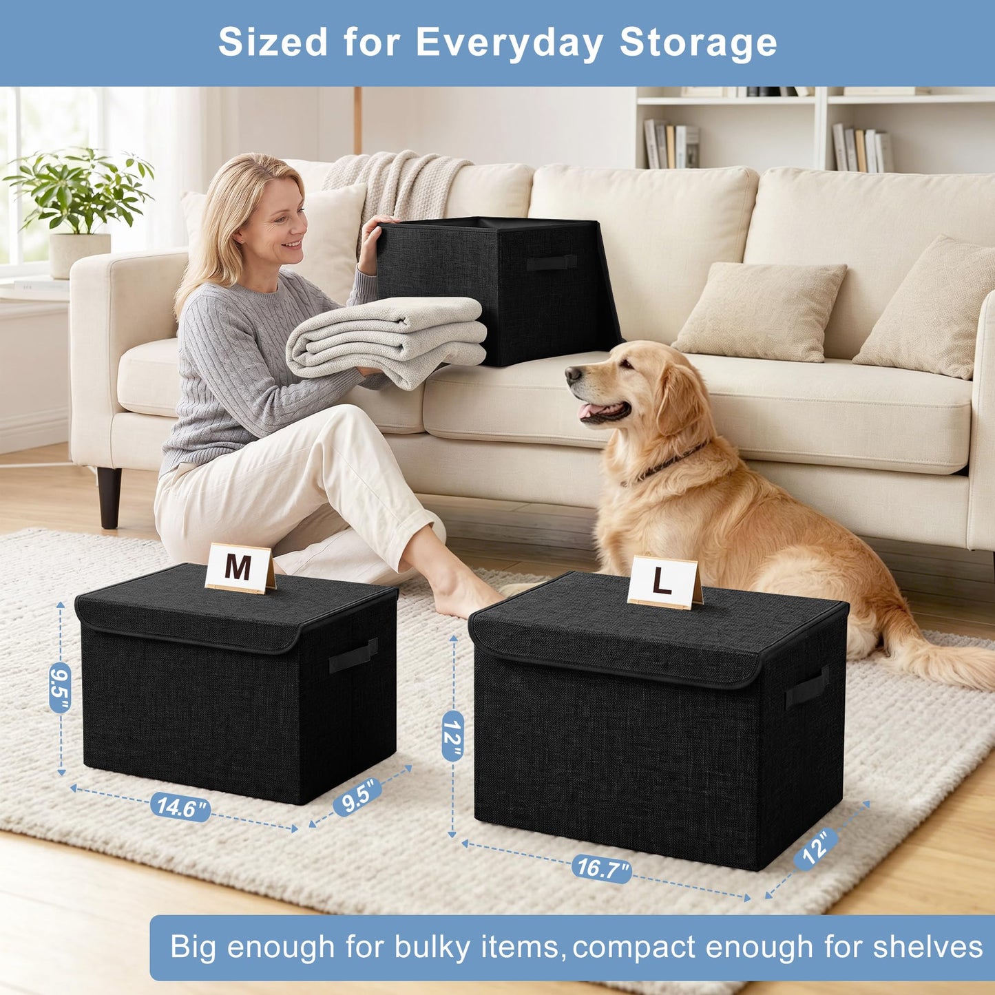 Bagnizer Large 22 Quart Linen Fabric Foldable Storage Bin Cube Organizer Basket with Flip-Top Lid & Handles, Clothes Blanket Box for Home, Office, Closet, Black, 4 Pack 14.6 x 9.5 x 9.5”