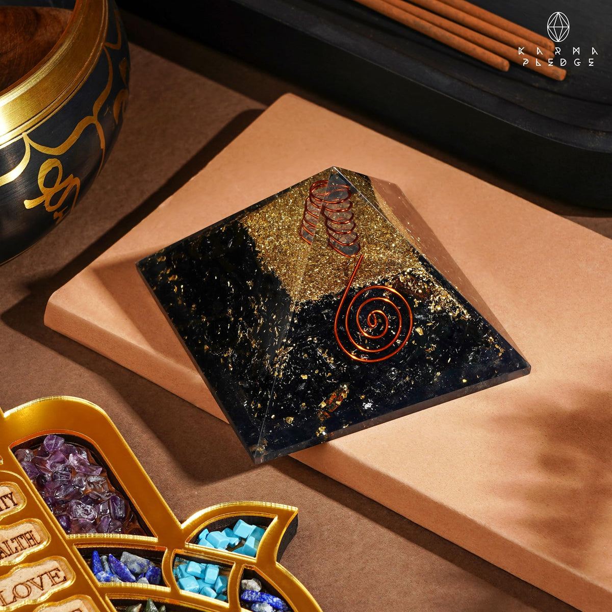 Chakra Healing Crystal Pyramid, Unique Birthday Gifts for Womens, Mom, Love One, Black Tourmaline Orgonite Orgone Pyramid for Meditation, Balance, Positive Energy, Success, Office Desk Decor