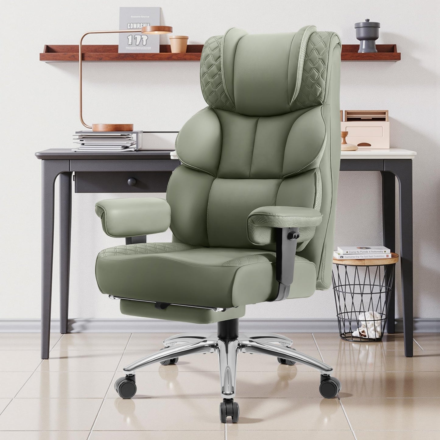 BestGlory Office Desk Chair, Big and Tall Leather Gaming Chair with Footrest, Wide Ergonomic Comfy Executive High-Back Reclining Computer Chairs, Swivel Rolling Wheels and Padded Lumbar Support, Green
