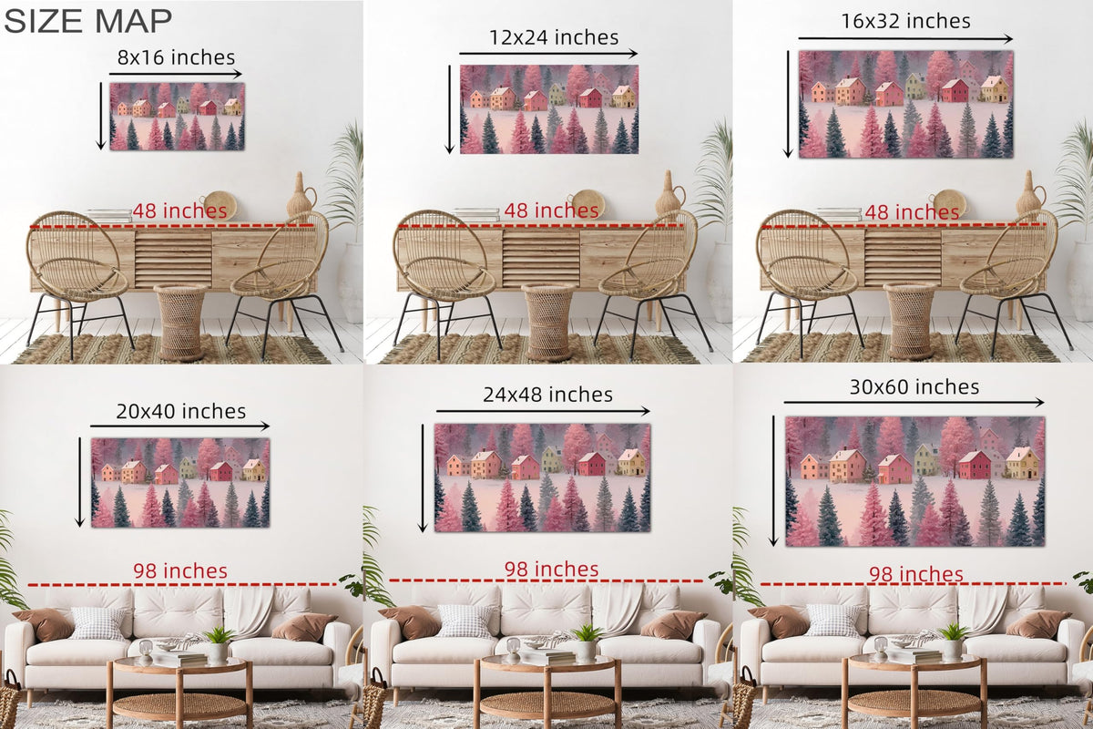 GUTTATY Christmas Canvas Wall Art, Pastel Winter Village Canvas Painting, Snow Scene Wall Prints, Festive Holiday Indoor Artwork Poster, Cozy Christmas Wall Decor for Living Room, 32x16 Inch