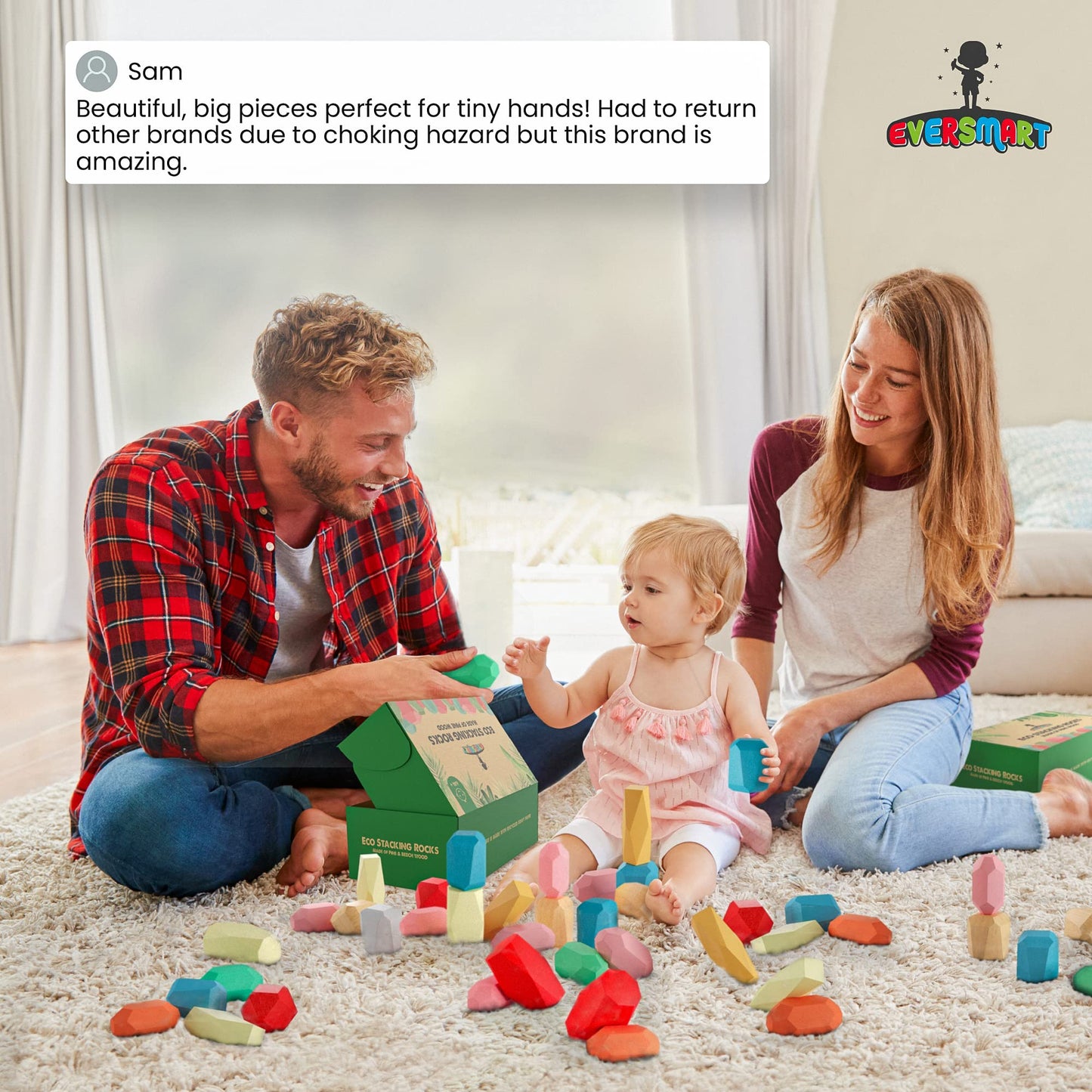 EVERSMART 36 Pcs Wooden Stacking Blocks β Montessori Toys for 1 2 3 4 5 6 Year Old Toddlers and Kids, XL Rocks, No Choking Hazard β Sensory STEM Building Stones, for Girls and Boys