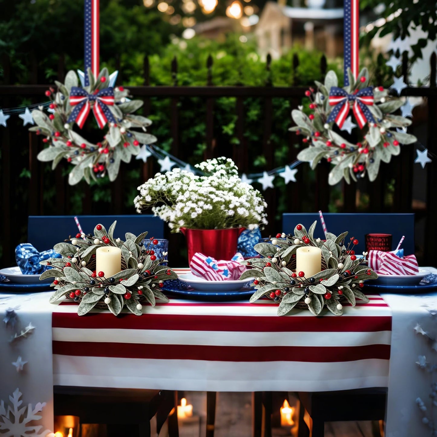 6 PCS Patriotic 4th of July Candle Rings Wreaths Independence Day Candle Rings Holder with Red White Blue Berries & Lamb's Leaves Mini Memorial Day Labor Day Wreath for Home Table Centerpiece Decor