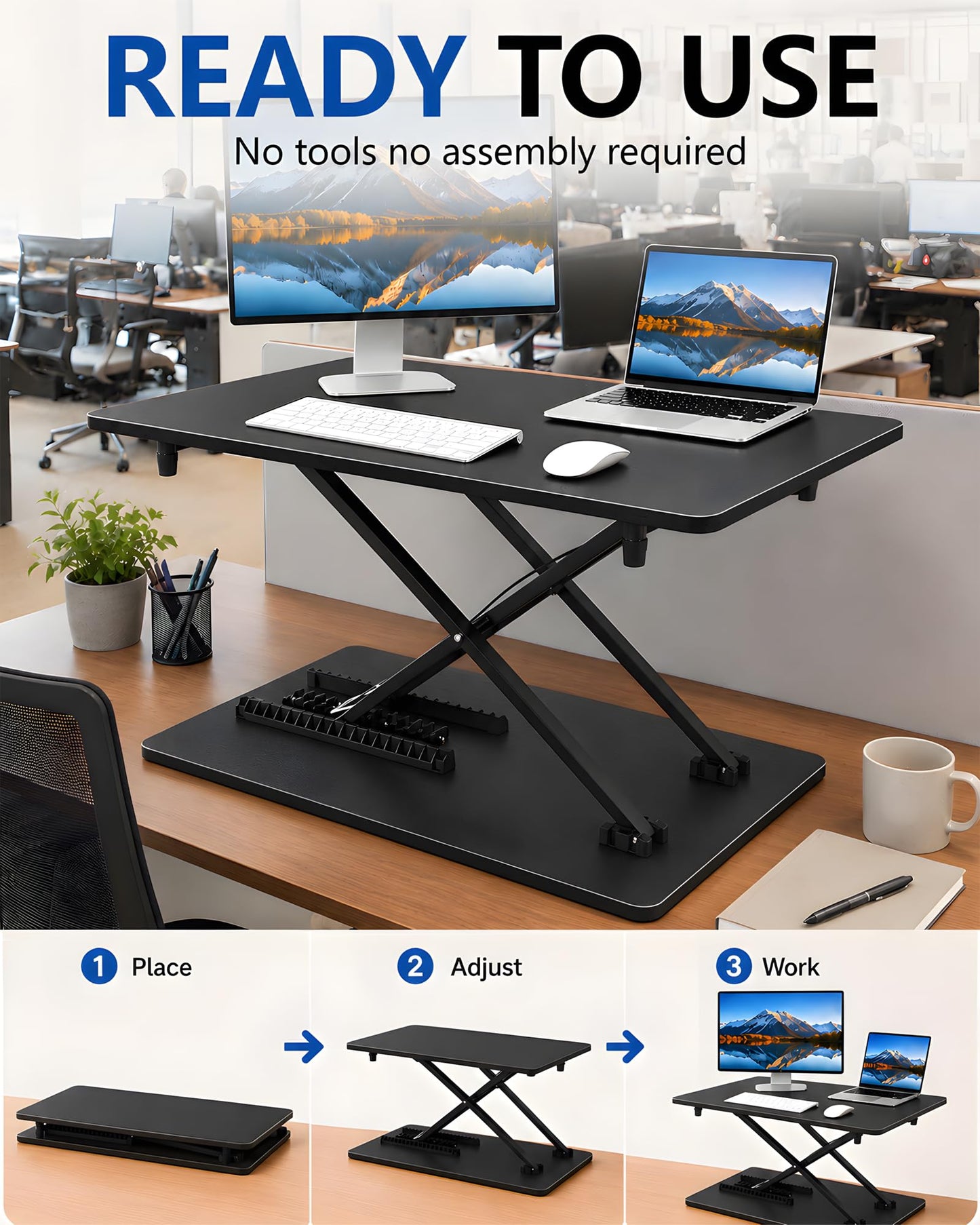 biueus Ultra-Slim Standing Desk Converter, 25.16" x 15.75" Compact Height Adjustable Desk Riser for Standing, Sit Stand Desktop Converter for Monitor or Laptop, No Assembly, Black