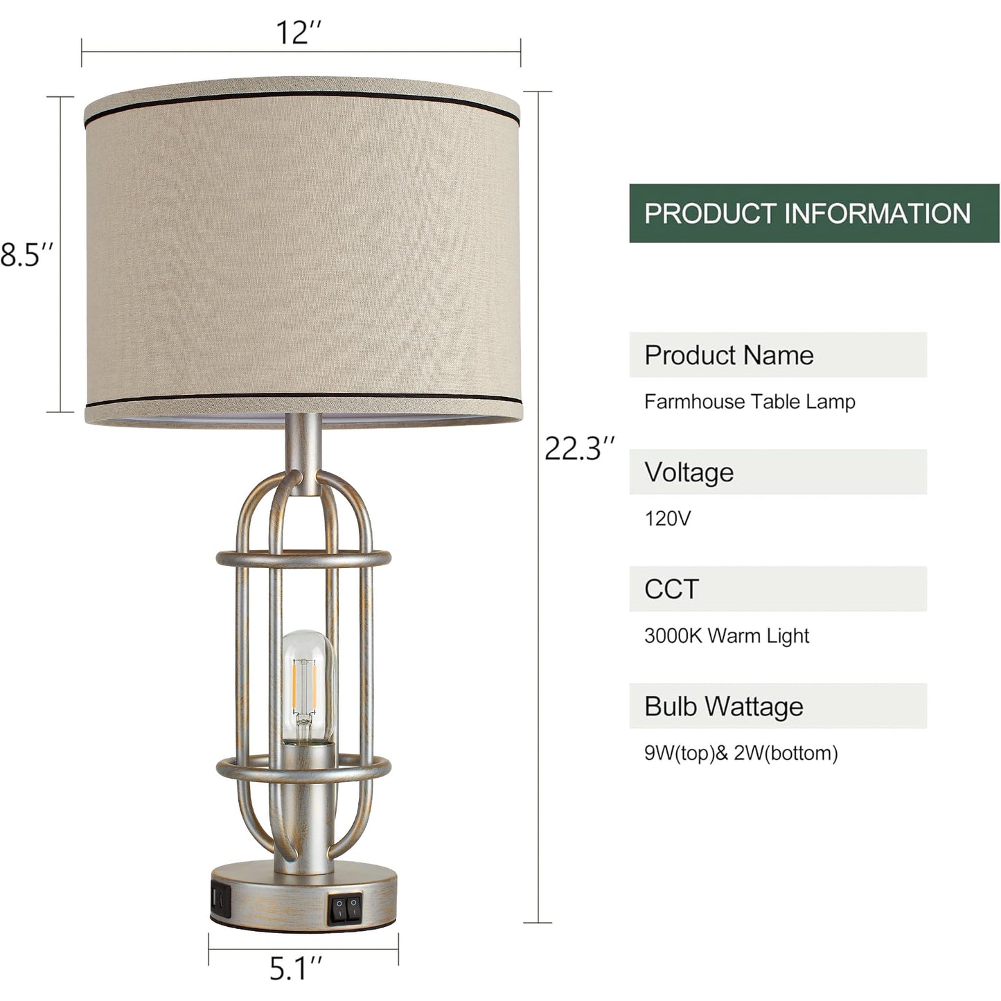 Reaketon Table Lamps for Living Room Set of 2, 22.3" Farmhouse Lamps for Nightstand, Industrial Table Lamps for Bedroom with USB Ports, Bulbs Included