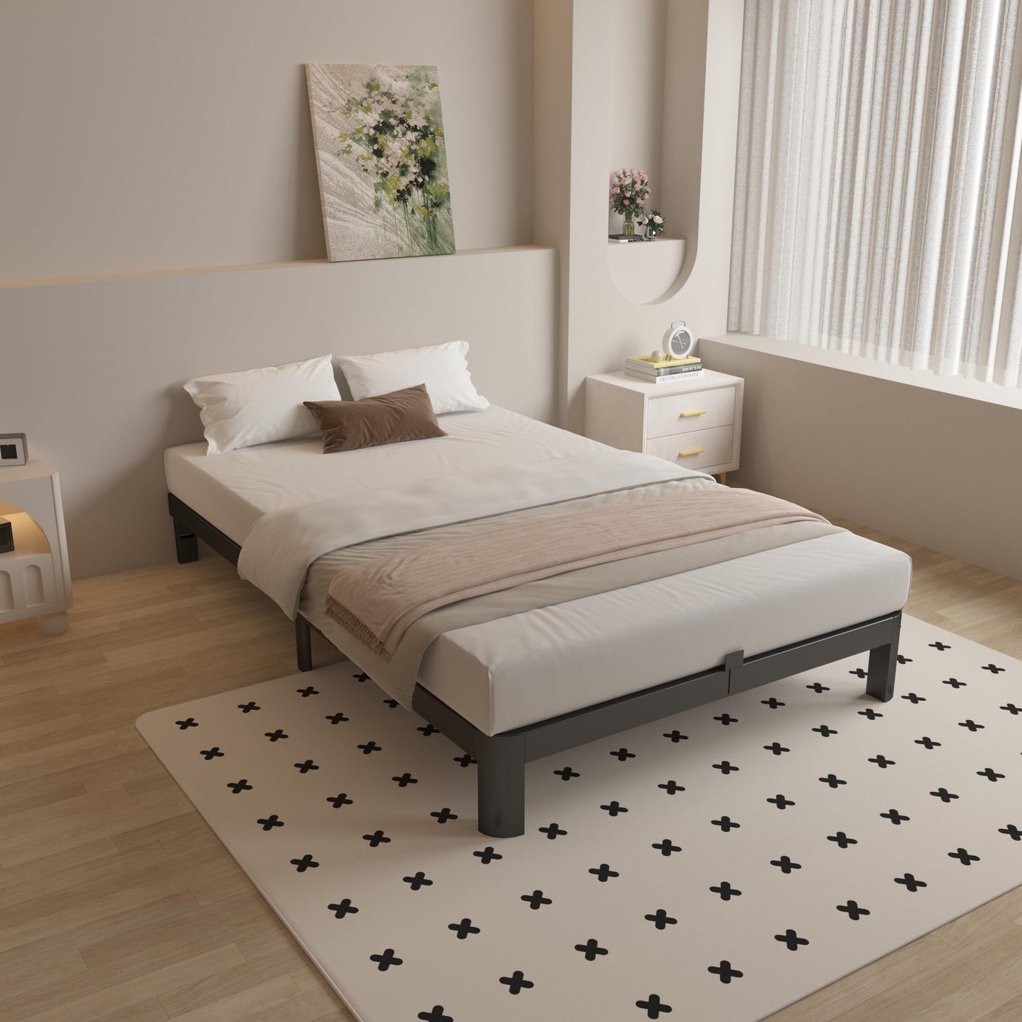 KOSOSO 4 Inch Twin Bed Frames with Metal Baffles, Black Bed Frame Twin Size No Box Spring Needed, Rounded Corner Legs, Heavy Duty Steel Platform Support, Reserved Holes, Noise Free, Easy Assembly