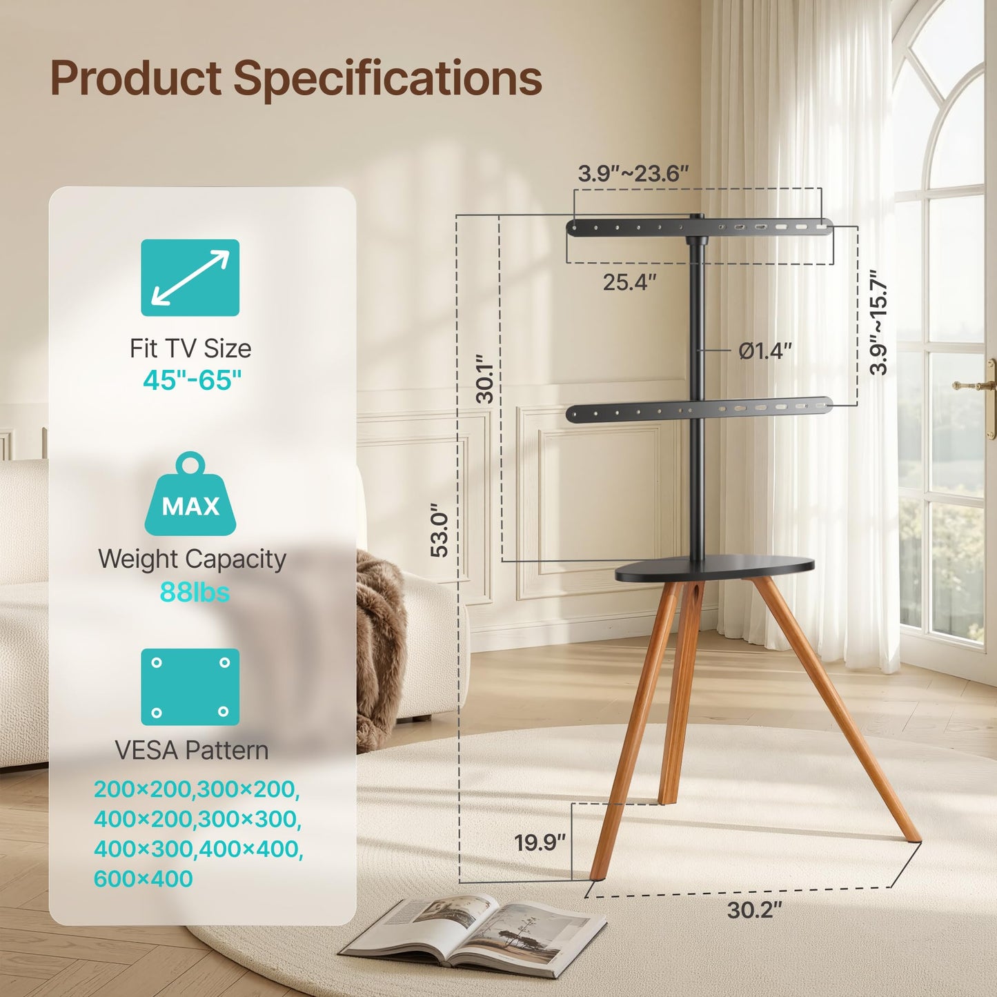 Pegzone Wood Easel Tv Stand with Artistic Droplet-Shaped Shelf for 45 to 65 Inch Tvs, Swivel Height Adjustable Portable Tripod Tv Stand-Vesa Required Max 600 * 400 mm, up to 88 lbs, Black Walnut