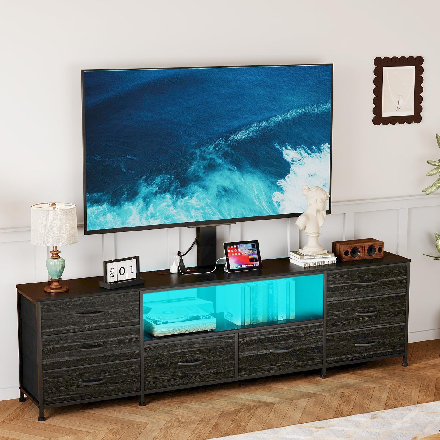 Welfuturer Large TV Stand with Power Outlet and LED Lights, Entertainment Center with 8 Drawers and TV Mount, Rustic Wood Media Console Table with Storage for Living Room, Bedroom (Black)